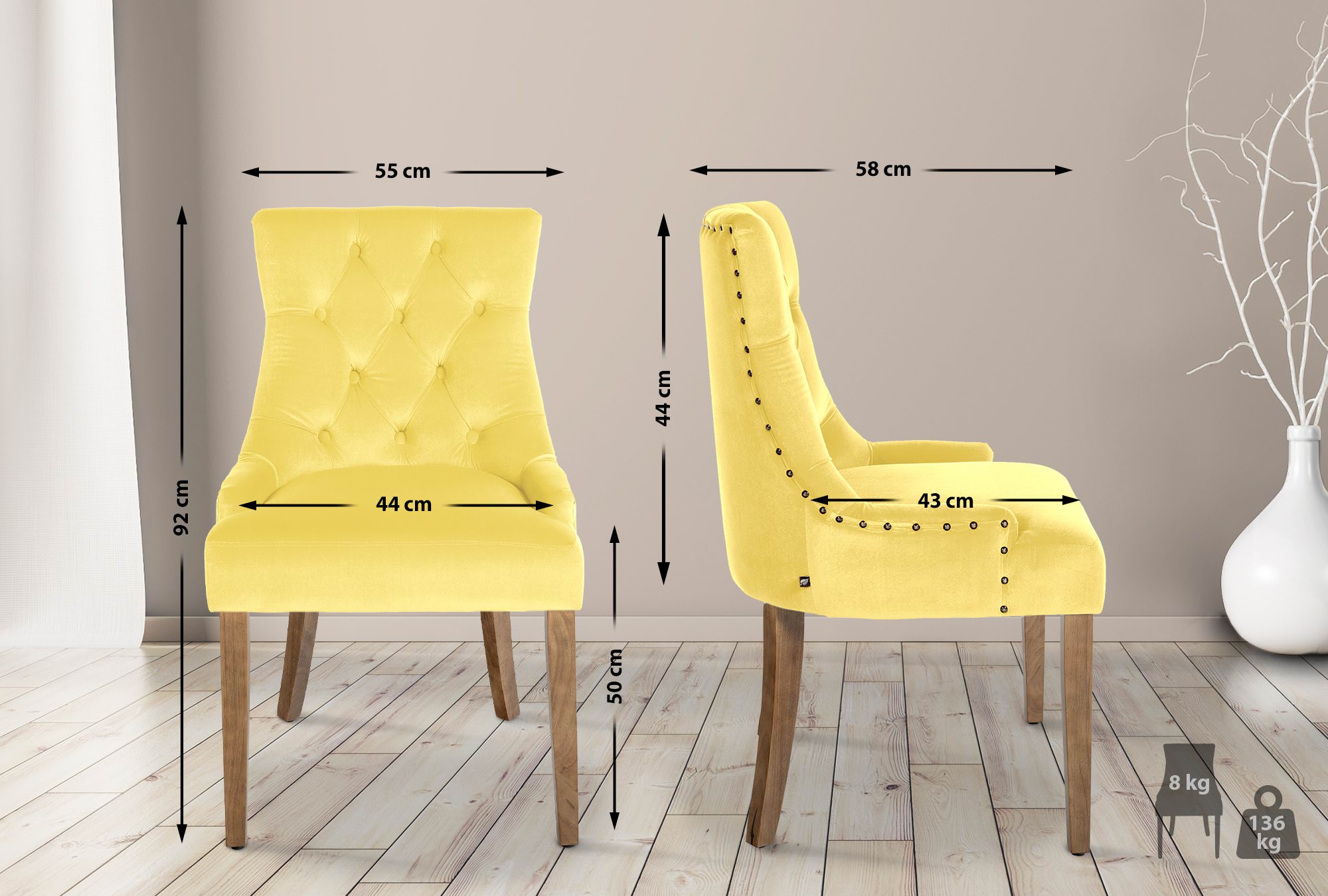 Lot de 4 Chaises de salle à manger Aberdeen en Velours Piètement en bois d'hévéa