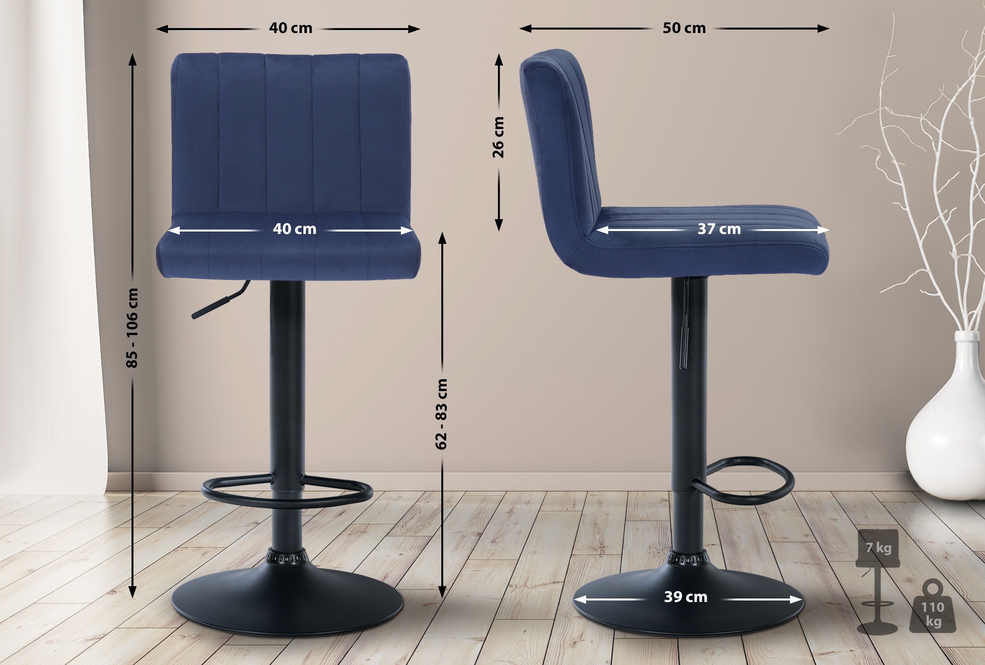 Tabouret de bar Jamie en Velours avec Piètement trompette en Métal