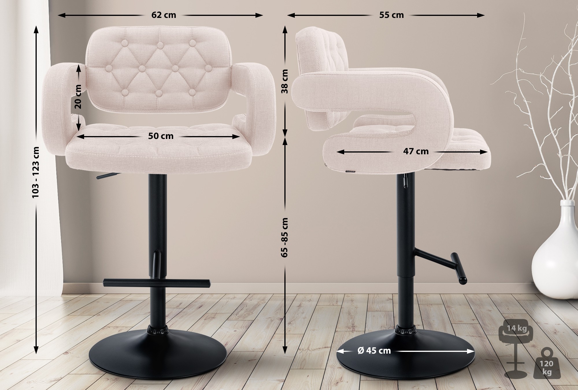 Tabouret de bar Dublin Tissu avec pied en métal