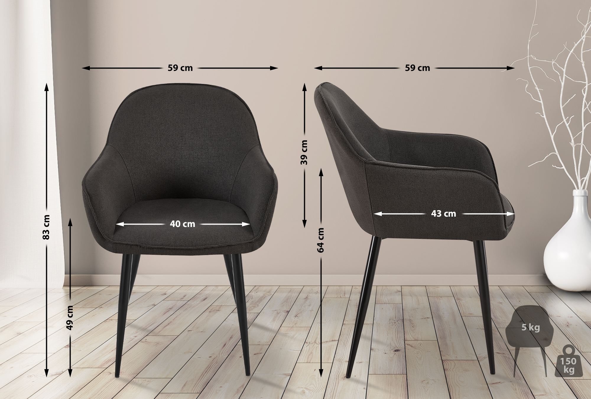 Lot de 2 Chaises de salle à manger Boise en Tissu avec Piètement en Métal noir