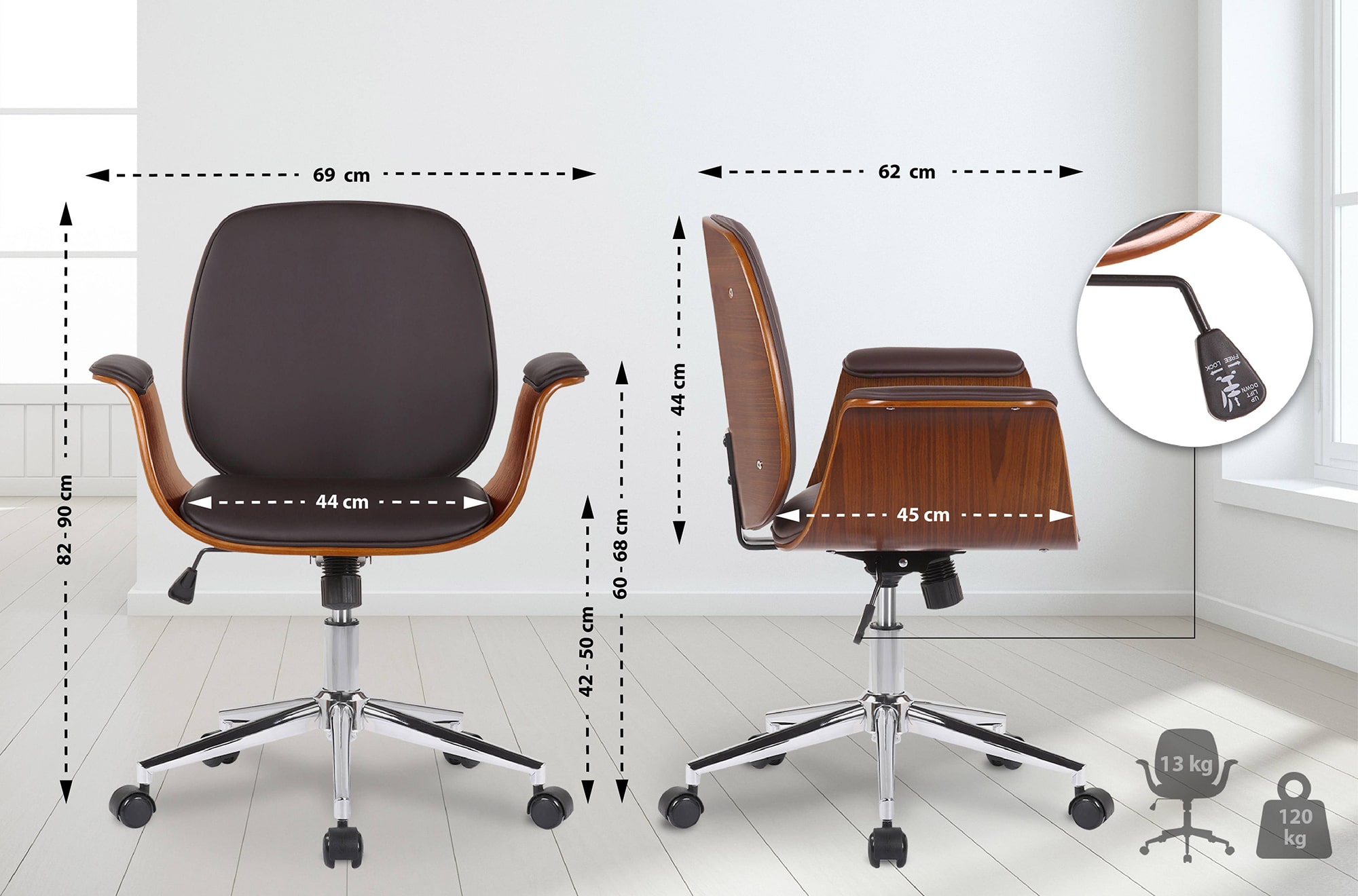 Fauteuil de bureau Kemberg en similicuir avec coque d'assise en bois