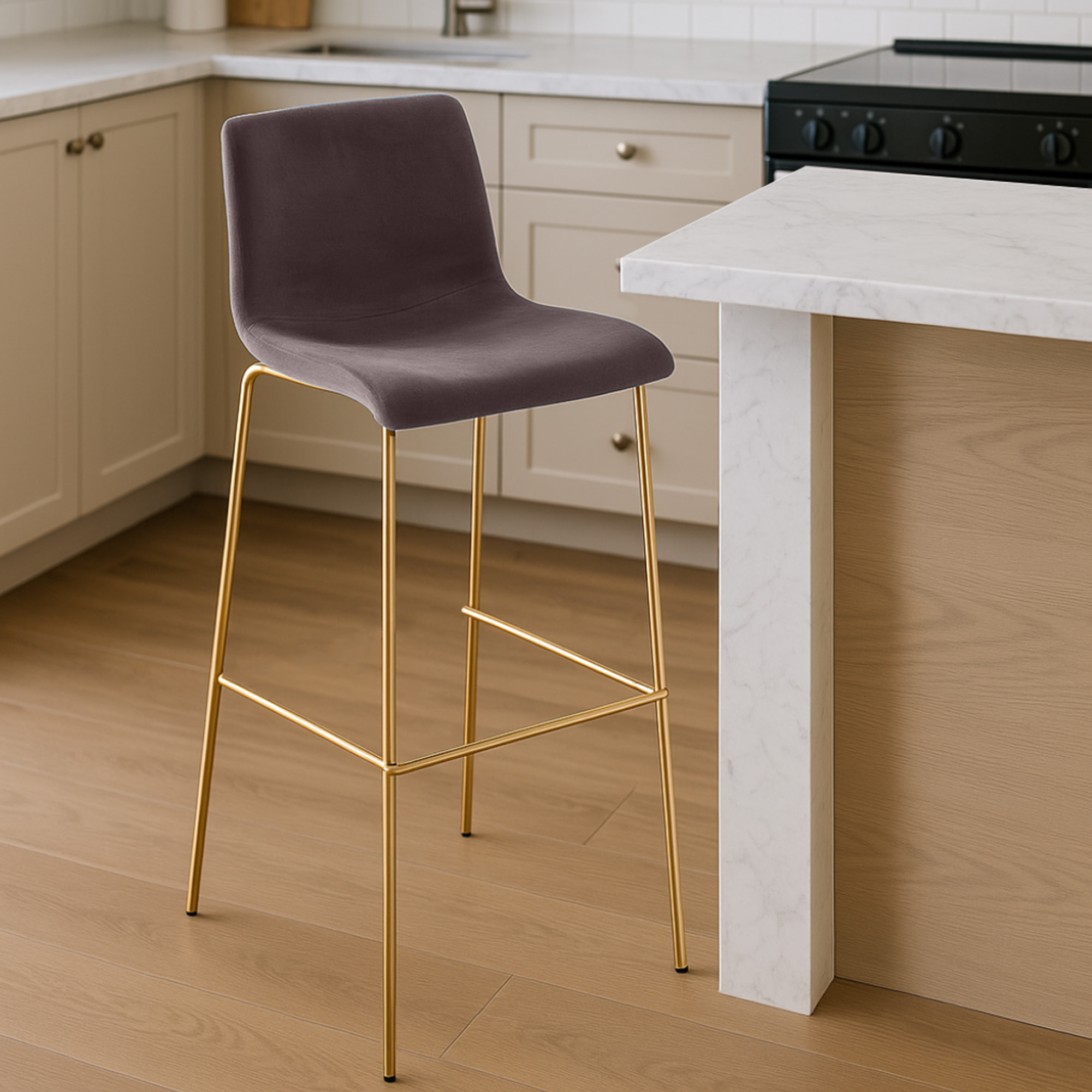 Tabouret de bar Hoover velours piètement 4 pieds or