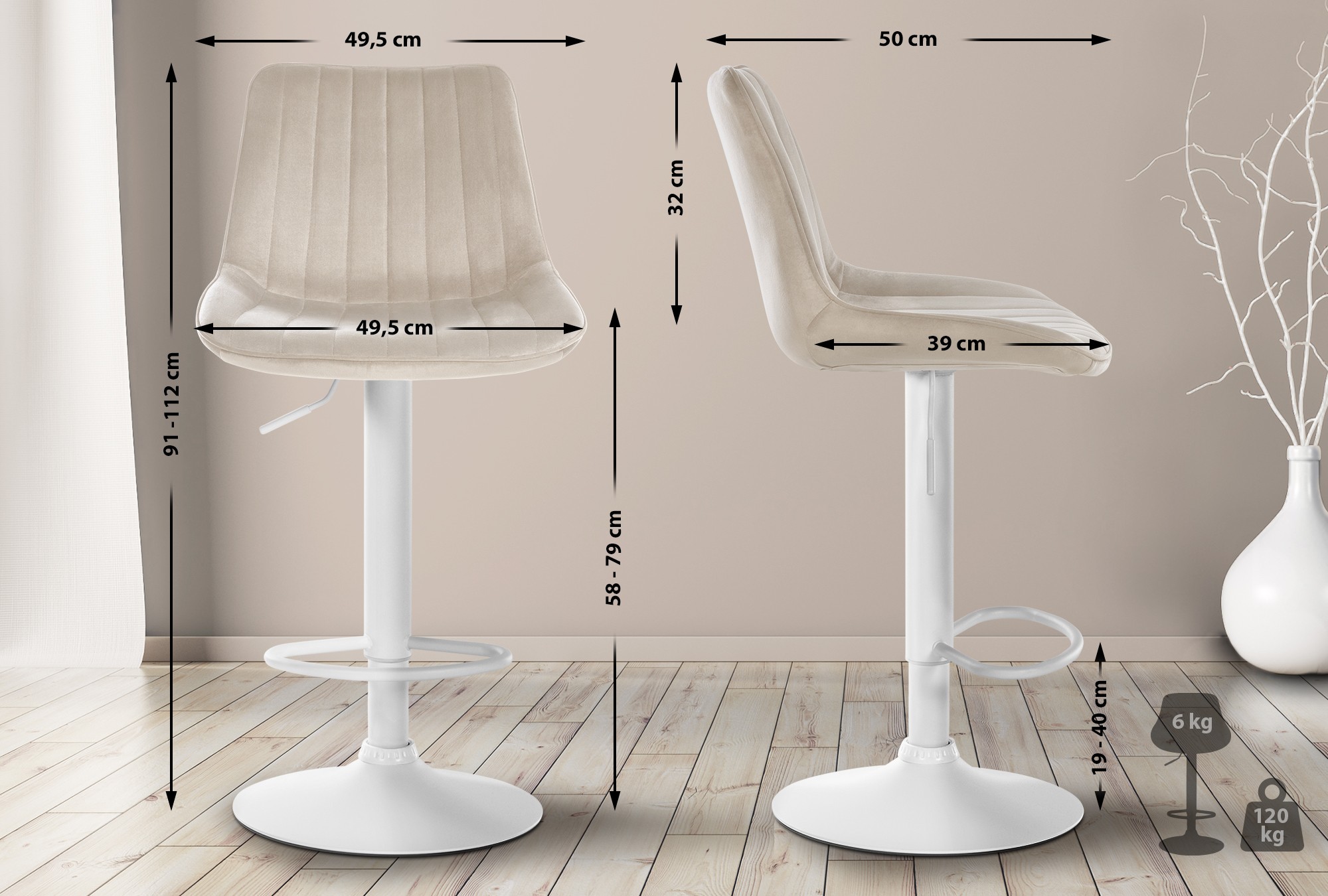 Tabouret de bar Toni en Velours Pied trompette en Métal