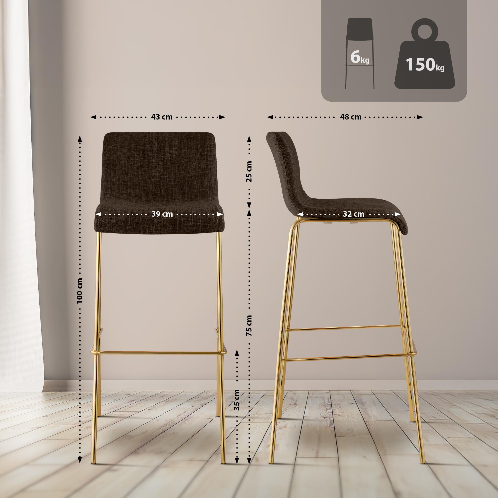 Lot de 2 Tabourets de bar Hover en tissu, piètement quatre pieds doré