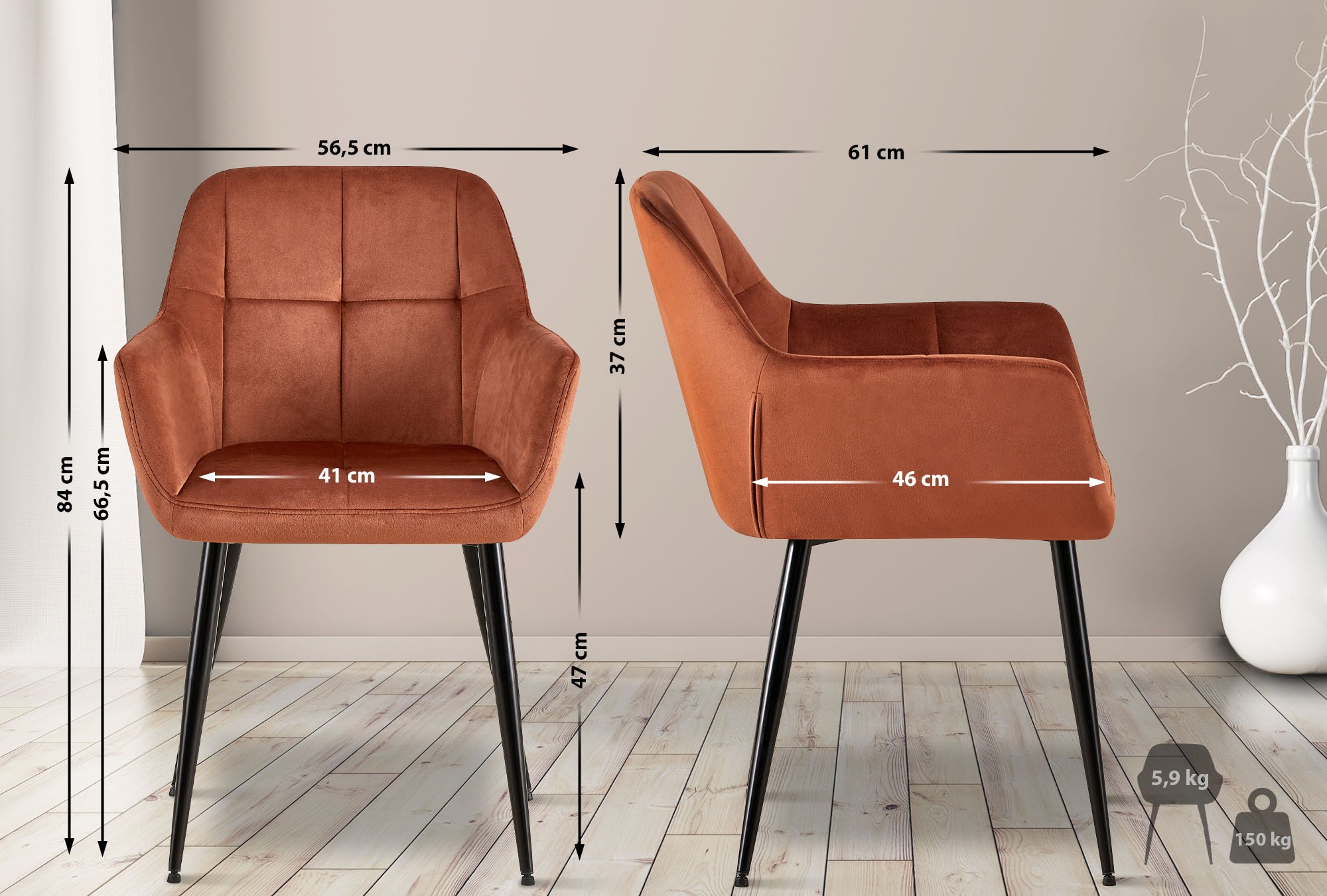 Chaise de salle à manger Emia en Velours avec Piètement en Métal noir