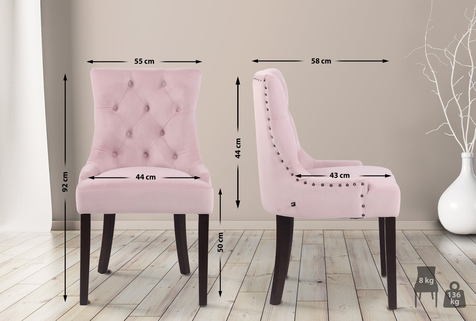 Lot de 4 Chaises de salle à manger Aberdeen en Velours Piètement en bois d'hévéa
