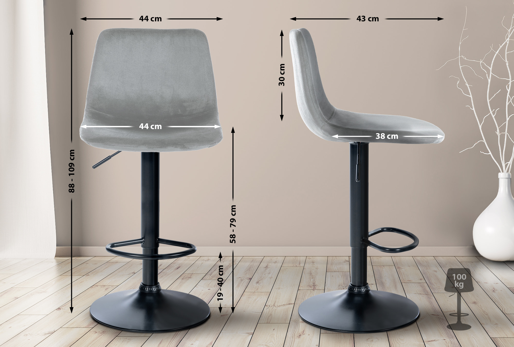 Tabouret de bar Divo en Velours Pied trompette en Métal