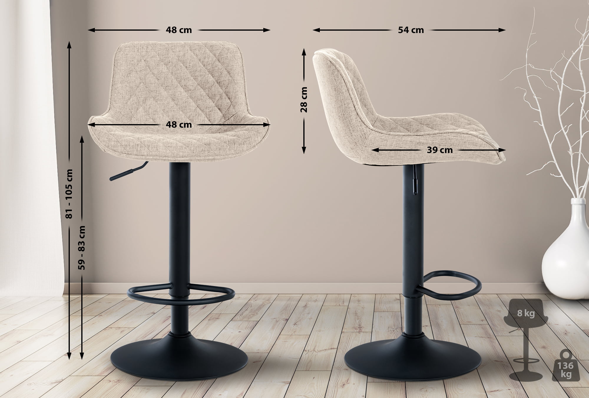 Tabouret de bar Minosa réglable et pivotant