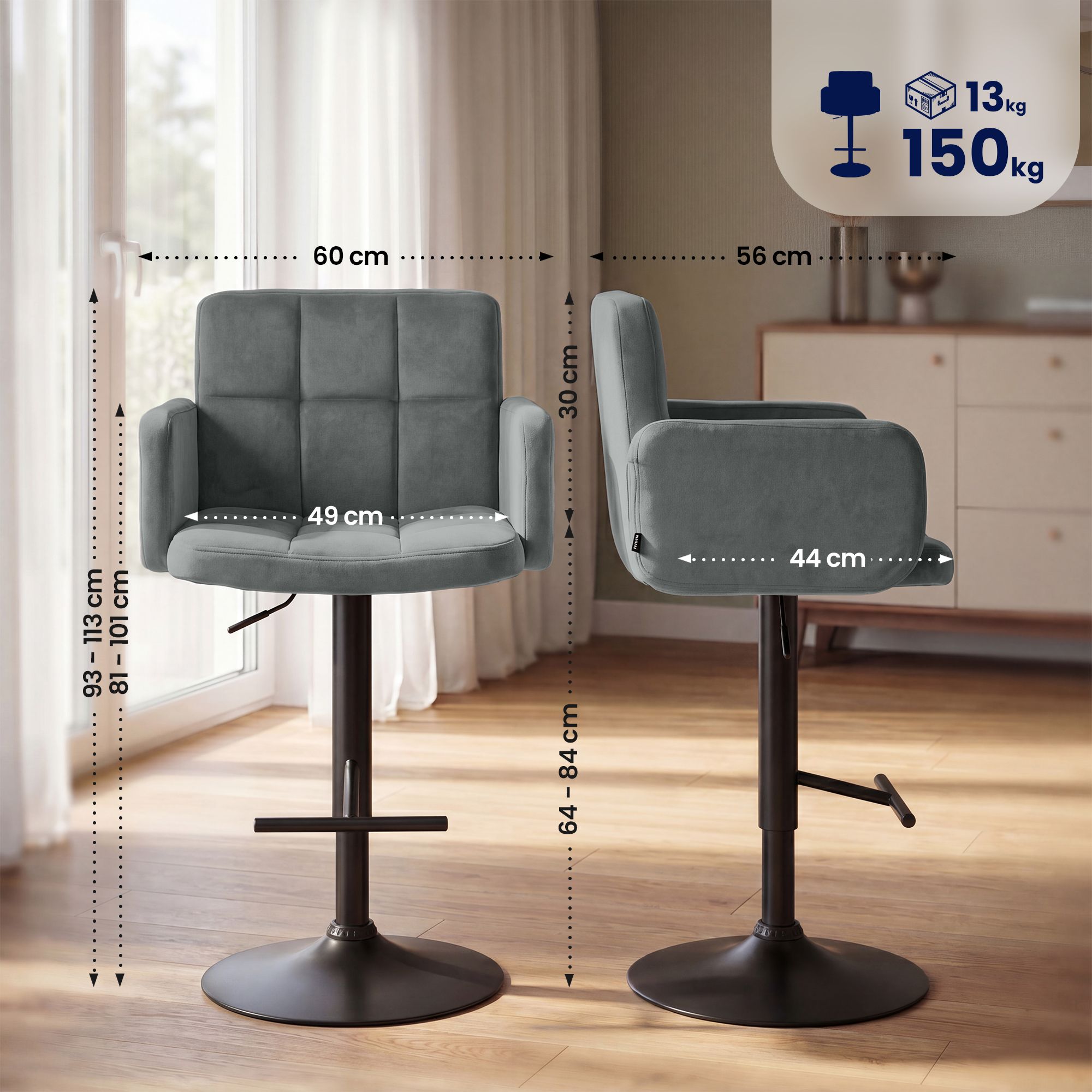 Lot de 2 tabourets de bar Los Angeles velours