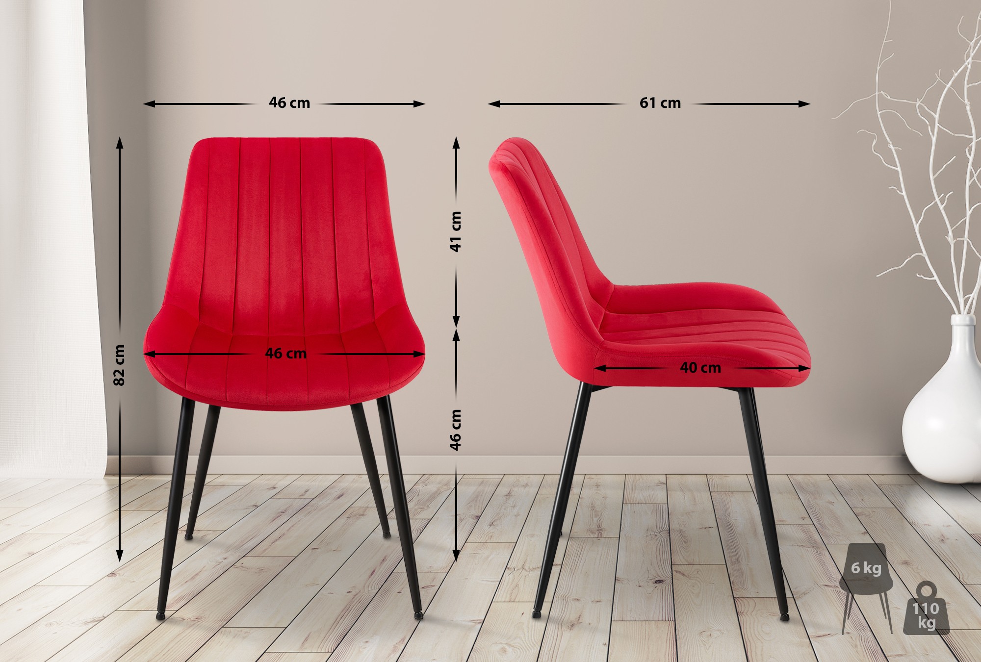 Lot de 2 Chaises de salle à manger Rahden en Velours avec Piètement en métal noir