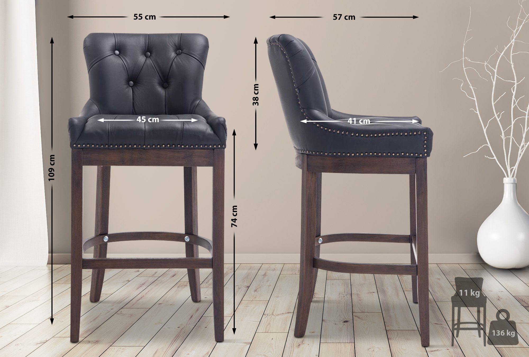 Tabouret de bar Lakewood antique-foncé cuir véritable