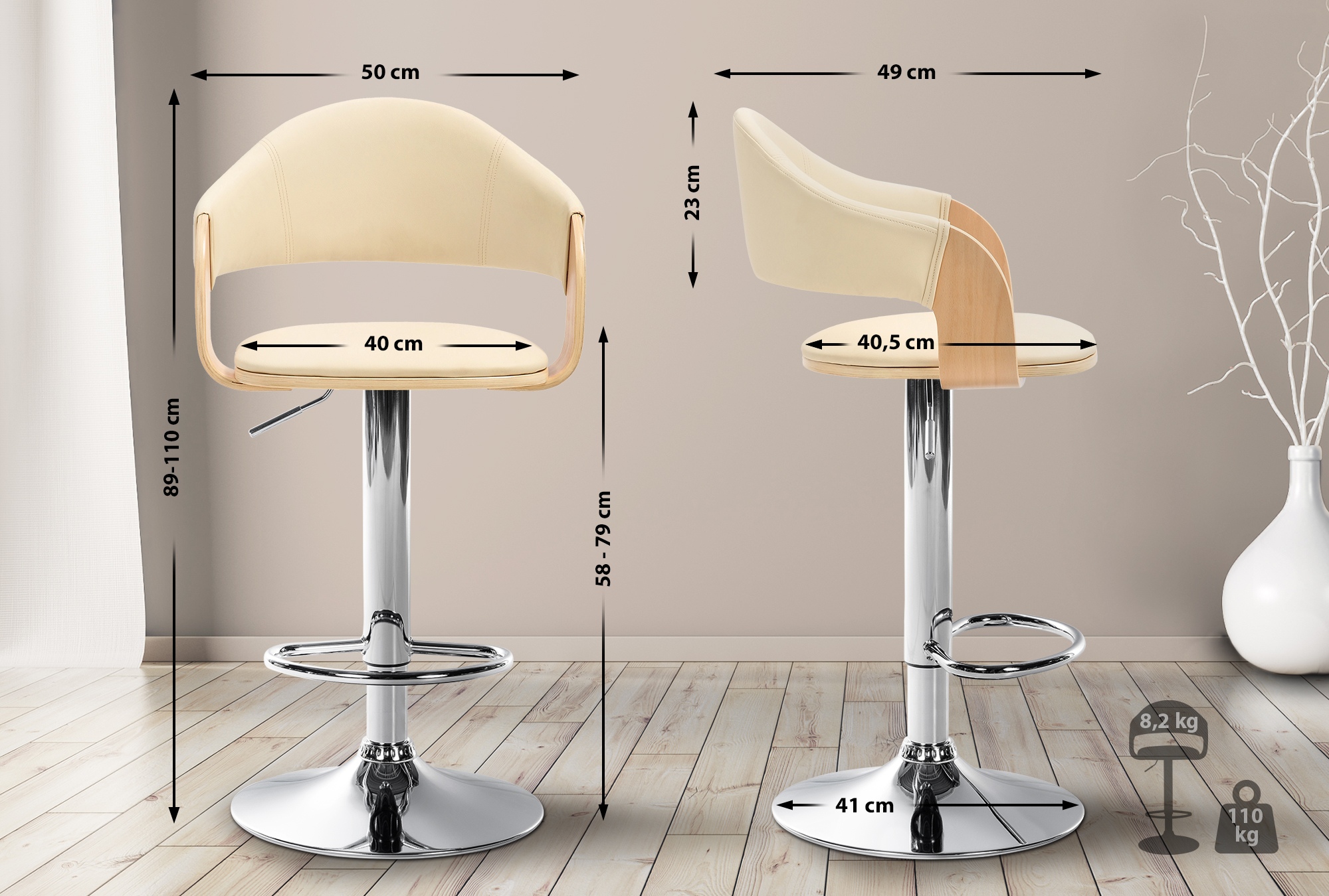 Tabouret de bar Nilse avec Coque en bois assise en similicuir