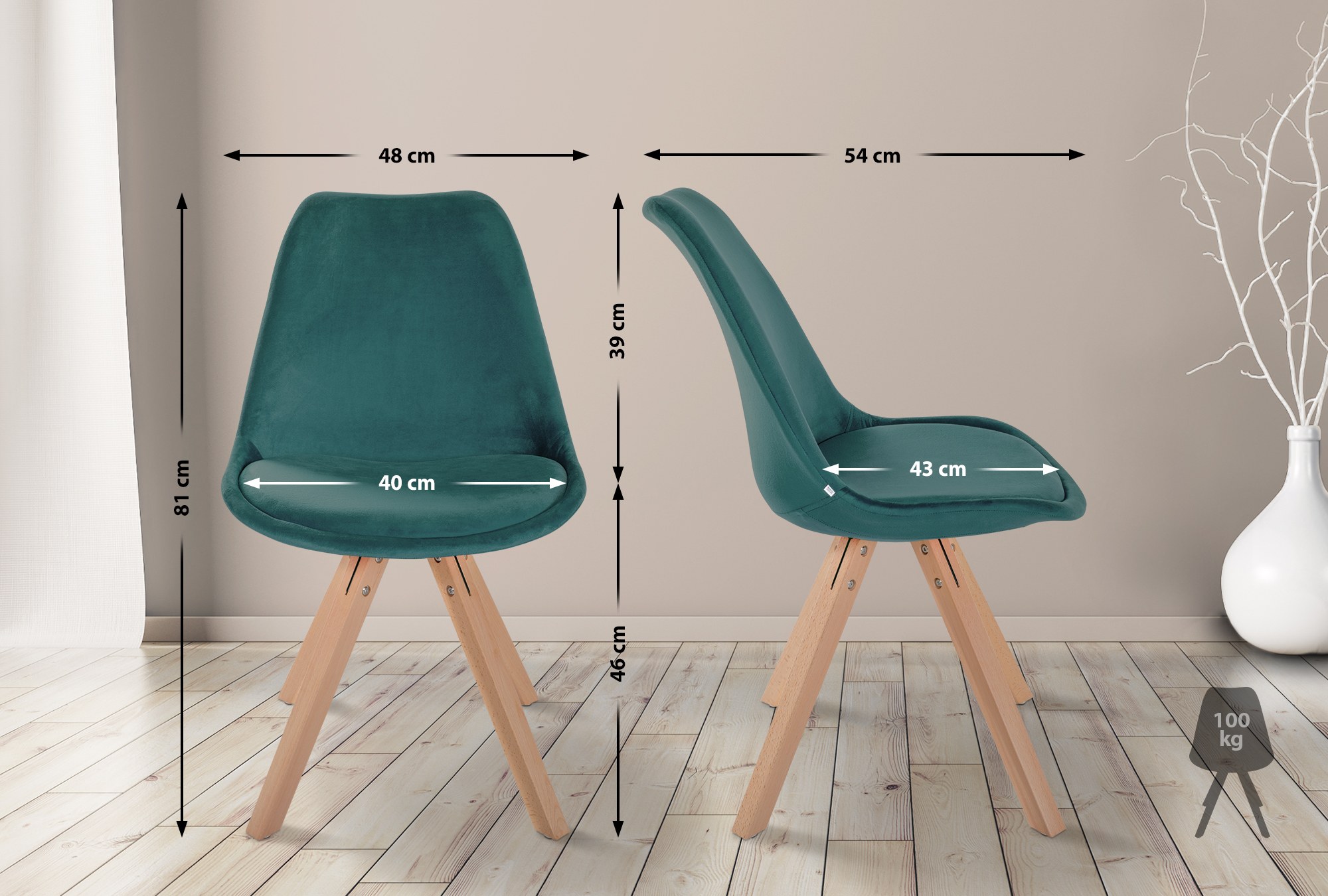 Lot de 4 chaises de salle à manger Sofia en velours Pieds en bois