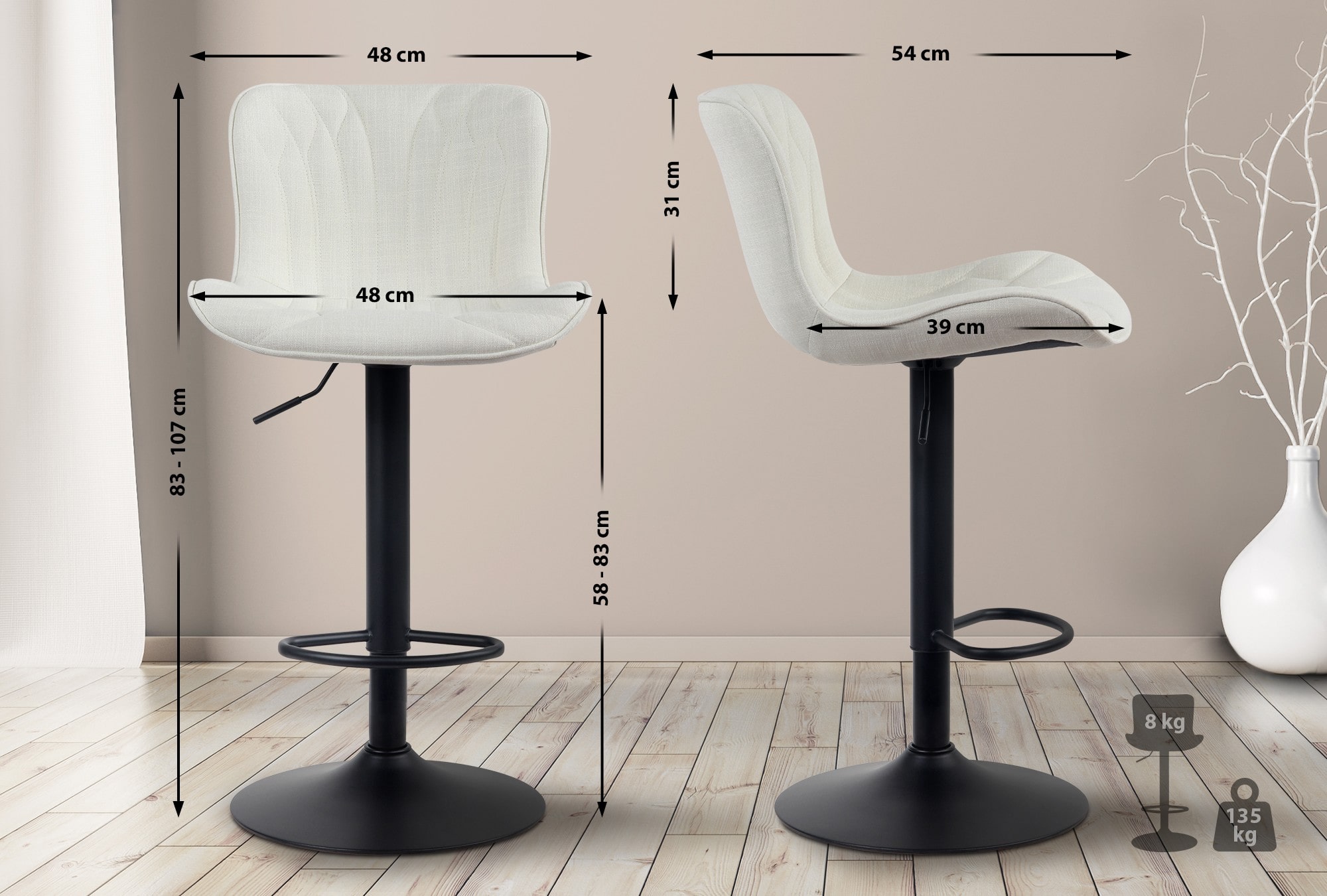 Tabouret de bar Linus Pied en Métal Hauteur réglable Siège pivotant