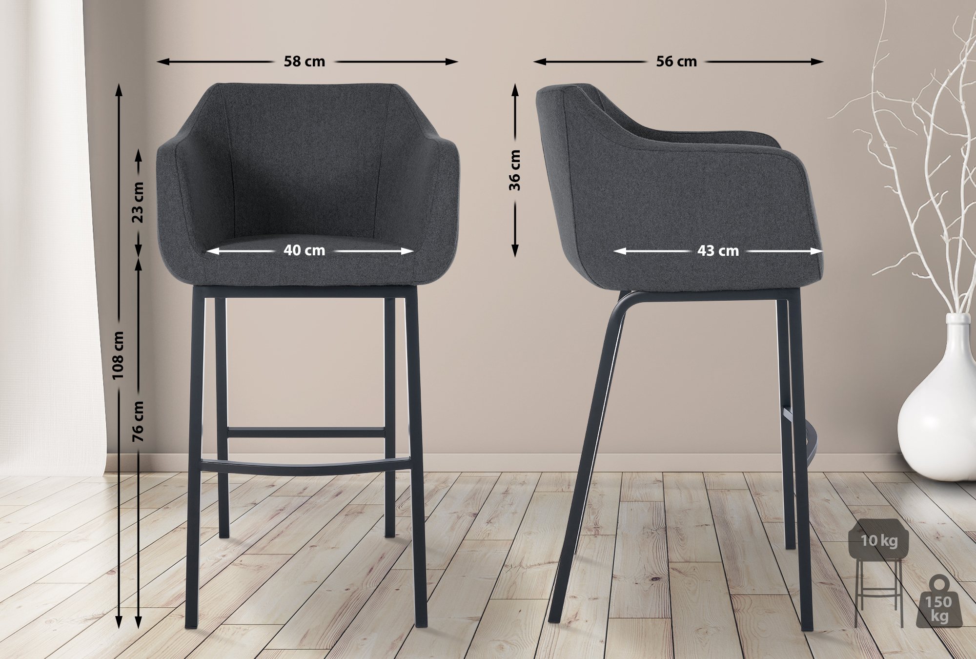 Tabouret de bar Monea feutre avec piètement à quatre pieds