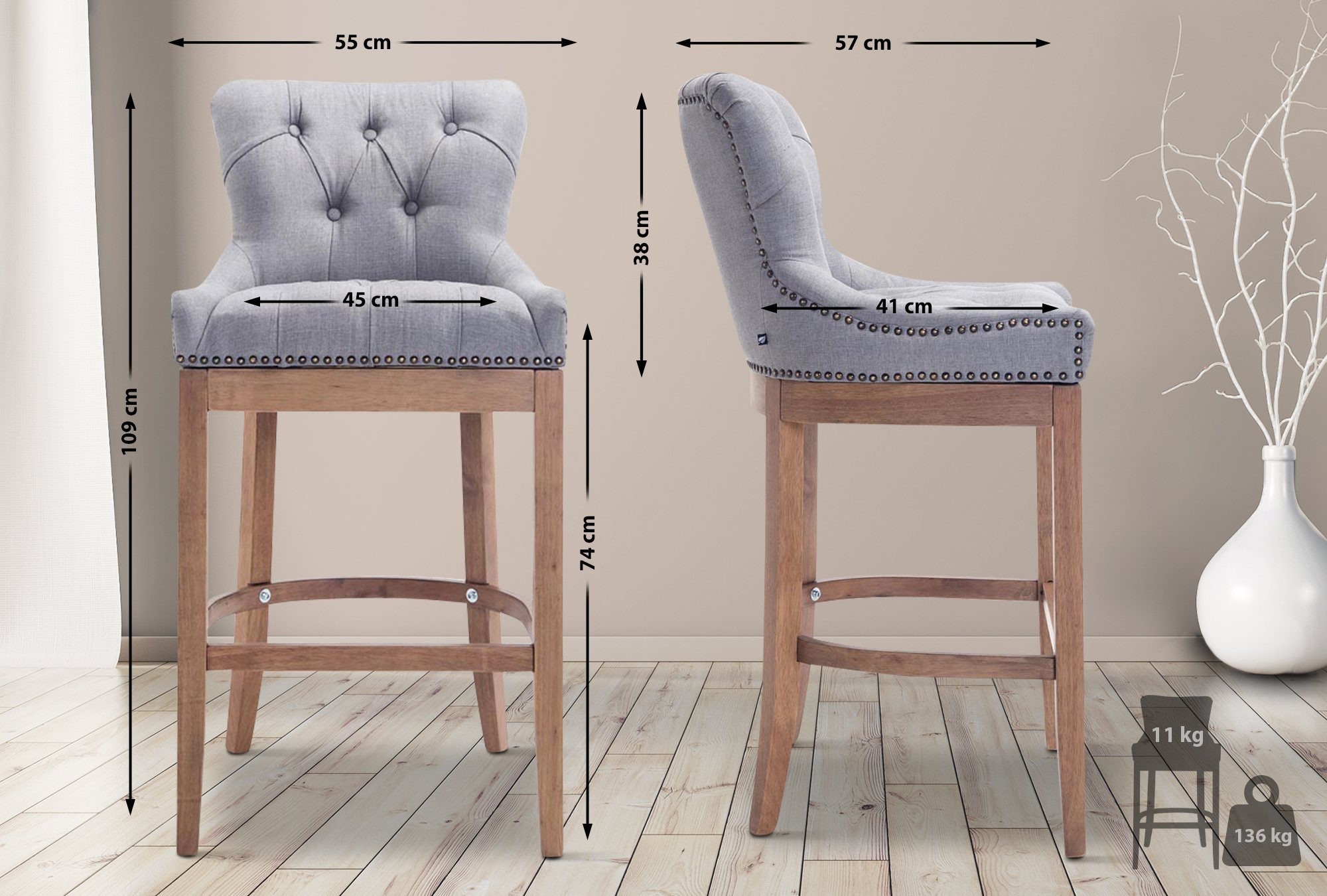 Tabouret de bar Lakewood tissu Piètement antique clair