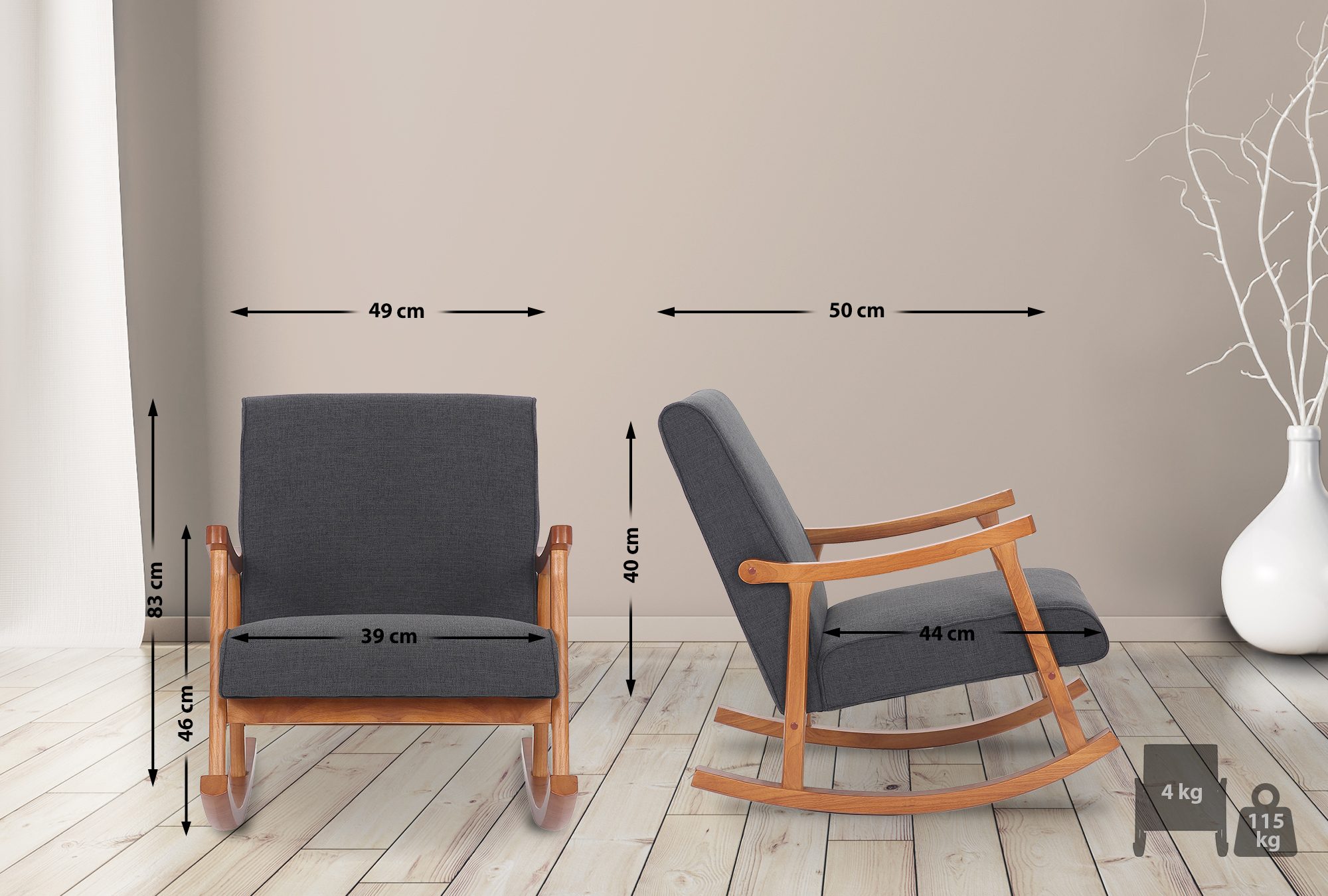 Chaise à bascule Morelia en tissu avec pieds Noyer