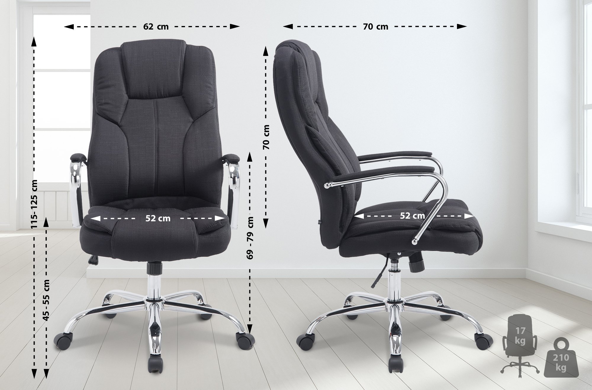 Fauteuil de bureau XXL Xanthos en Tissu capacité de charge de 210 kg