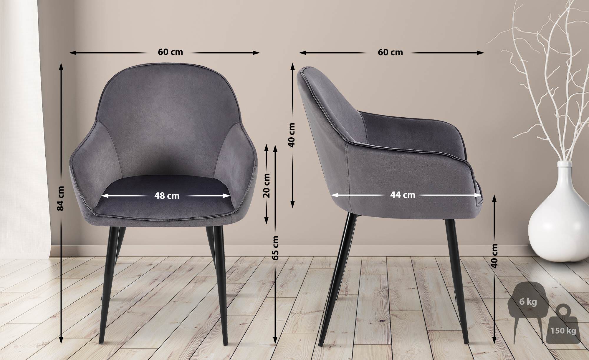 Lot de 2 chaises de salle à manger Boise velours