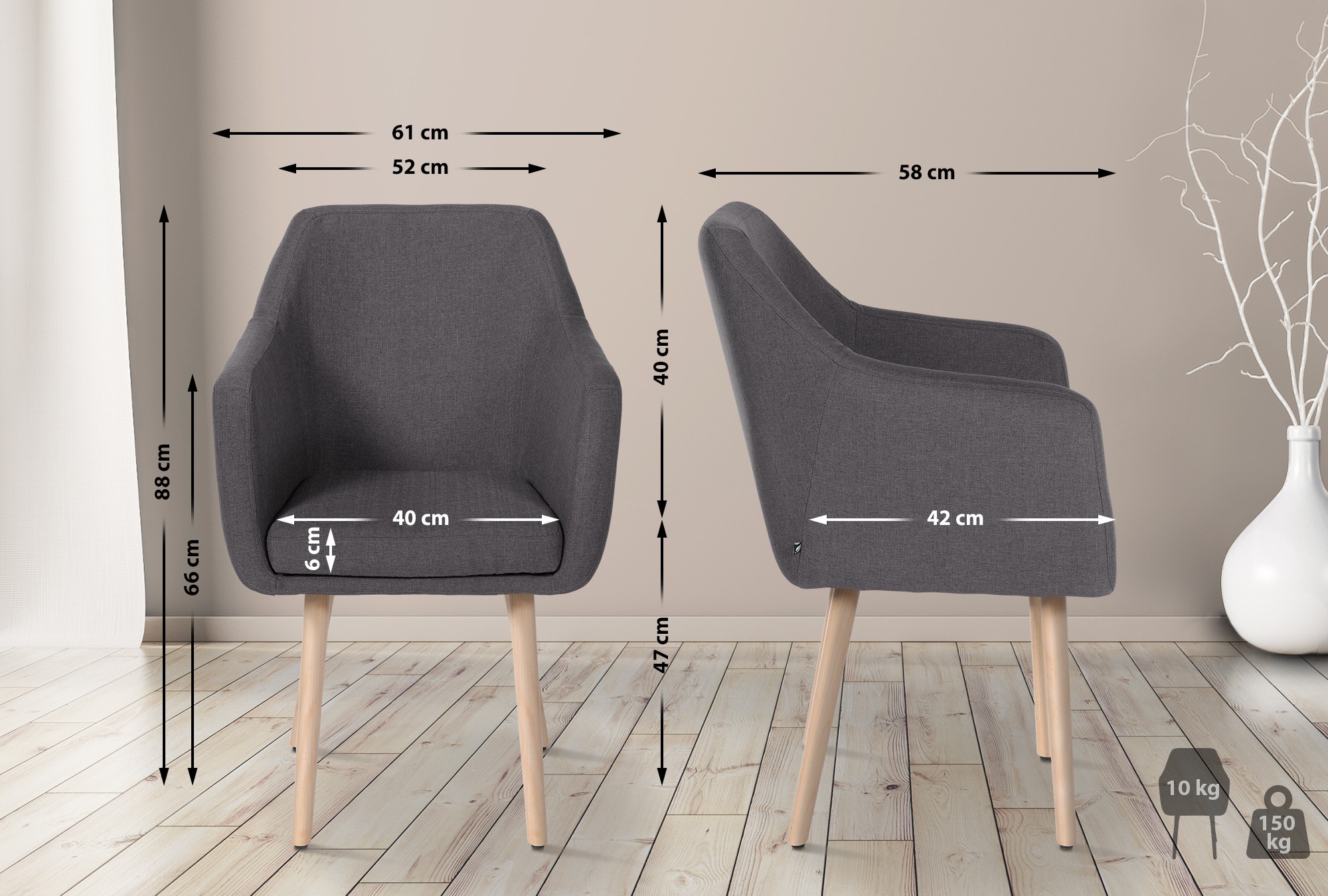 Chaise de salle à manger Utrecht en tissu avec pieds en bois