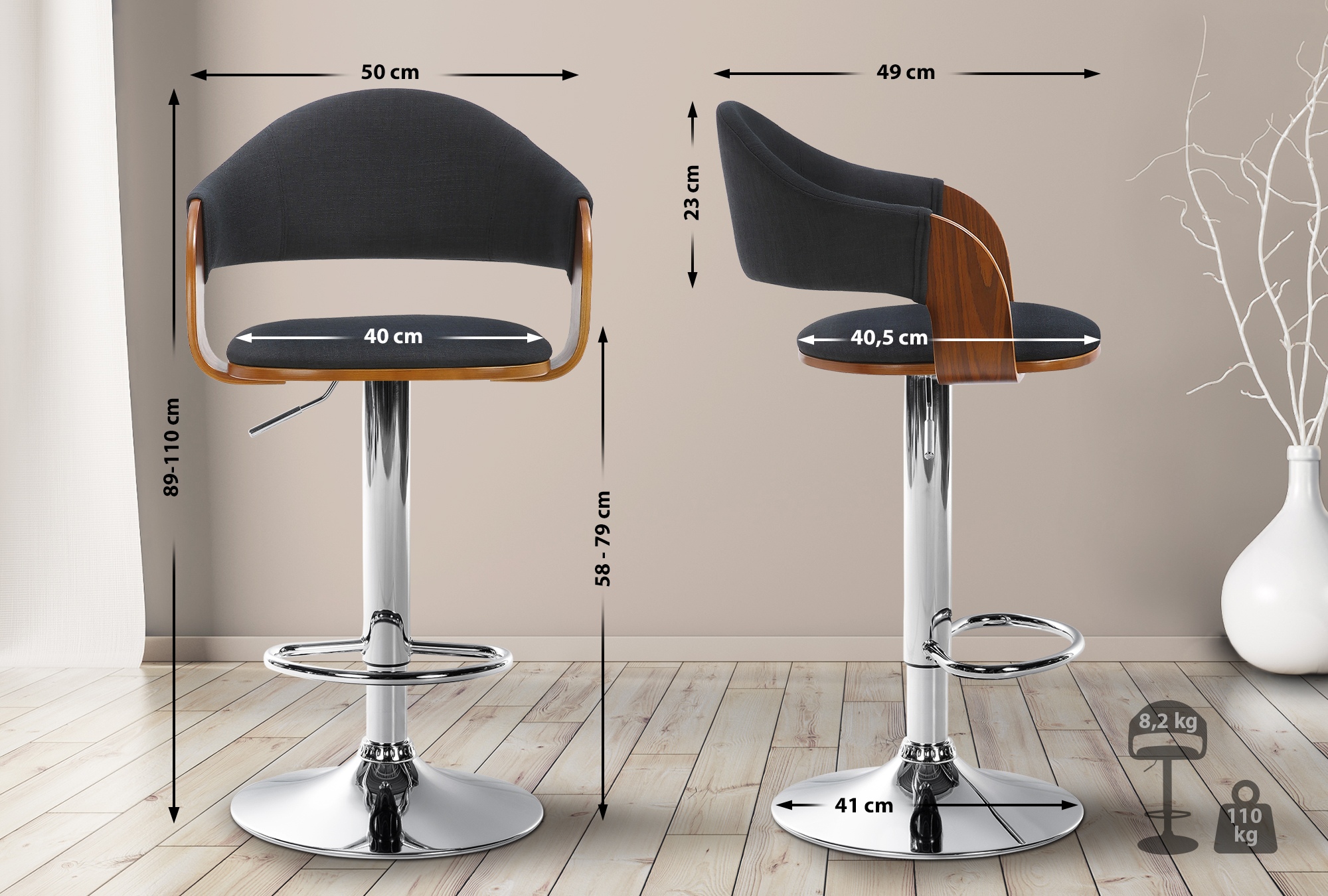 Tabouret de bar Nilse avec Coque en bois assise en tissu
