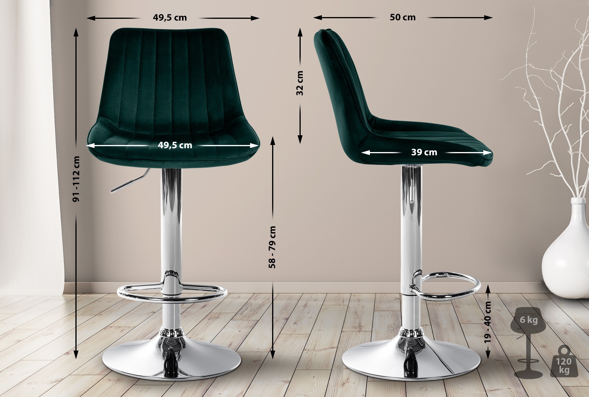Lot de 2 tabourets de bar Toni velours