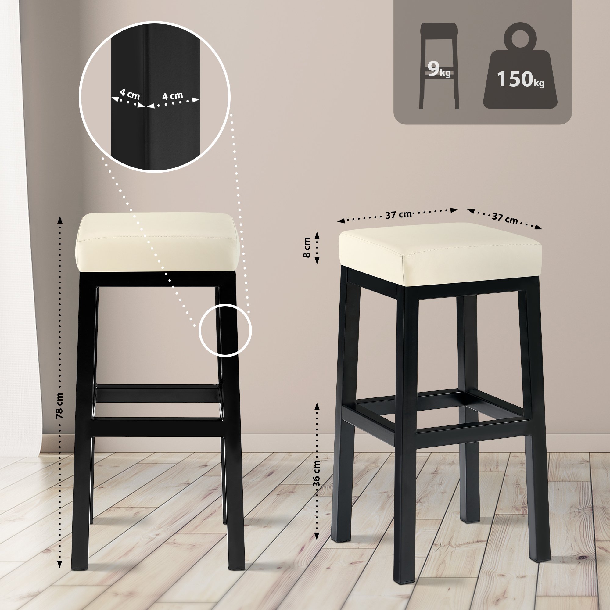 Tabouret de bar Taylor revêtement similicuir hauteur d'assise 78 cm piètement métal noir