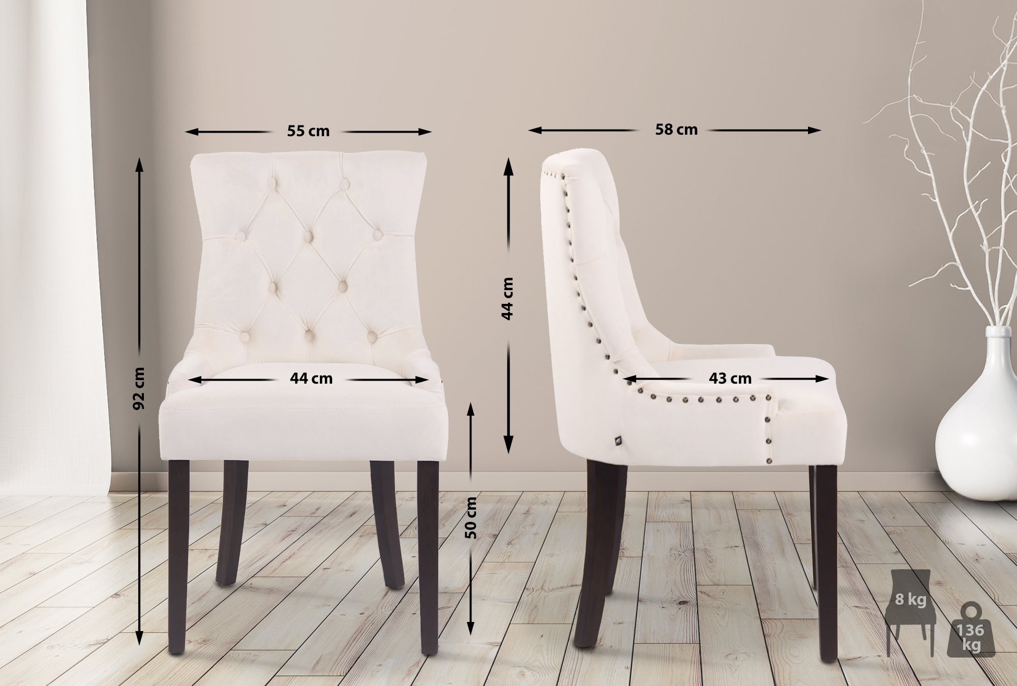 Lot de 4 Chaises de salle à manger Aberdeen en Velours Piètement en bois d'hévéa