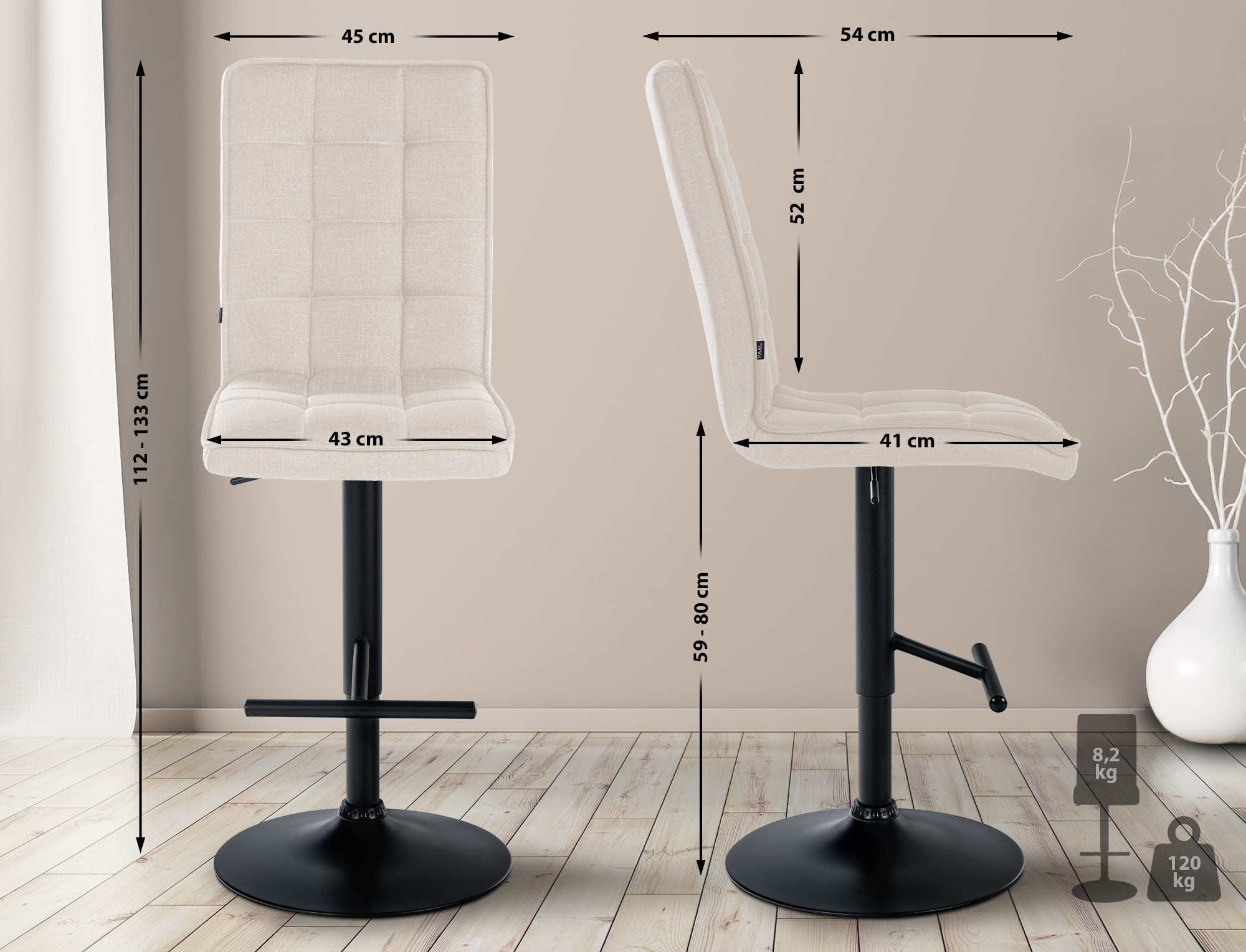 Tabouret de bar Peking en tissu réglable et pivotant