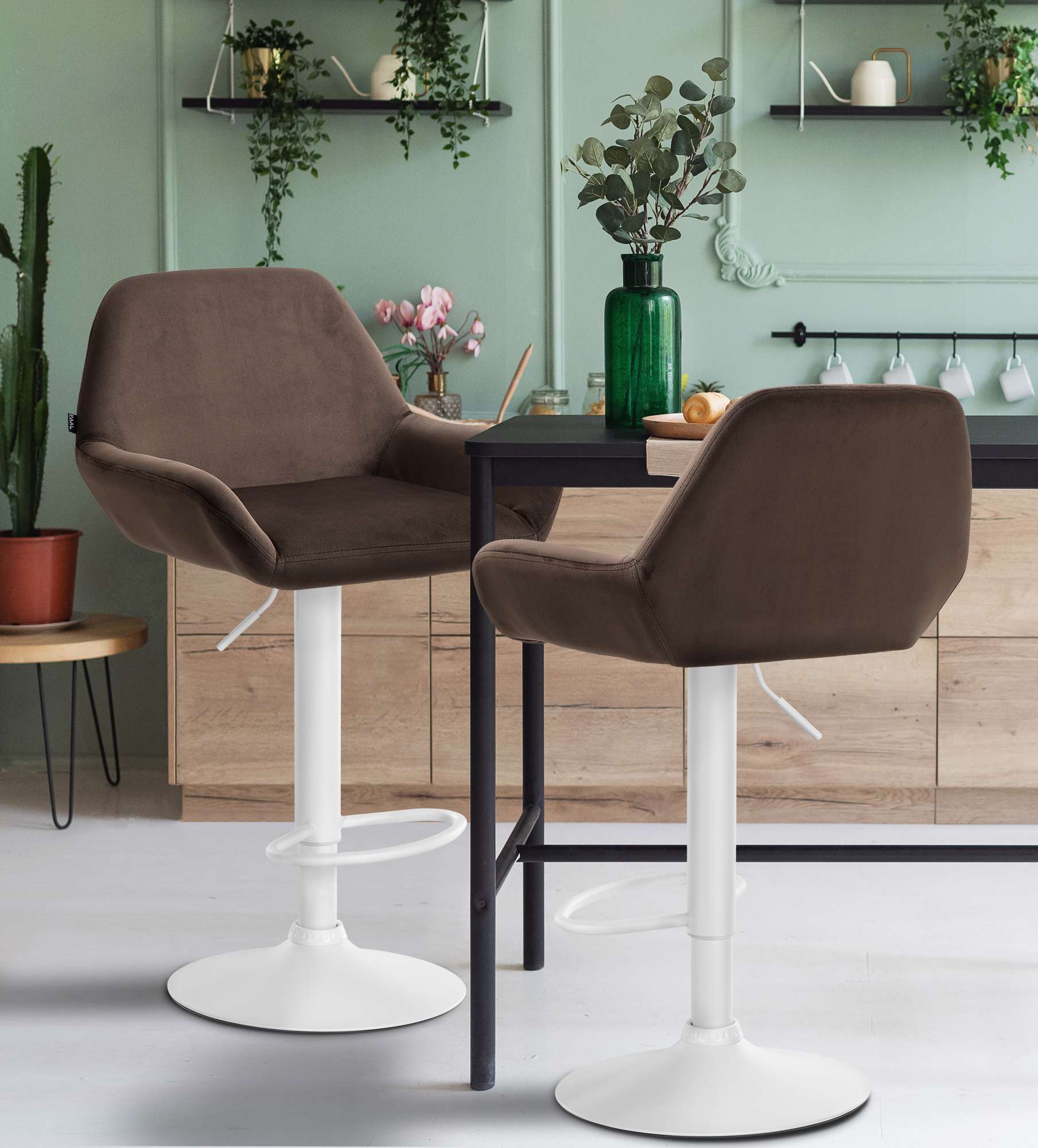 Tabouret de bar Braga Velours avec pied en métal réglable et pivotant