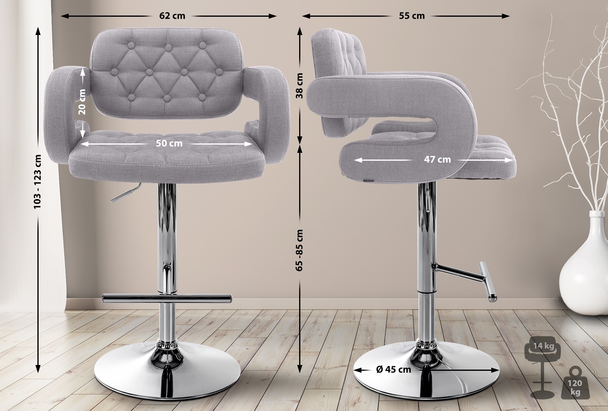 Lot de 2 tabourets de bar Dublin en tissu