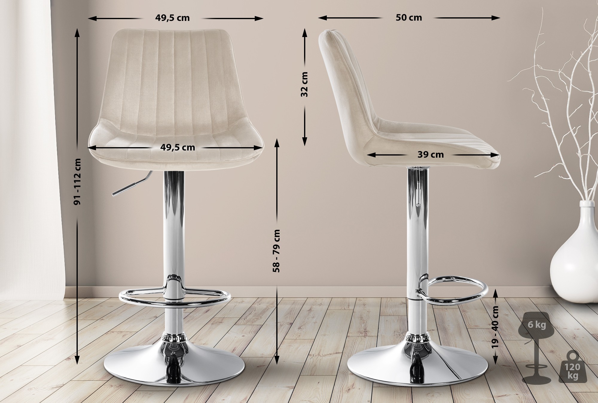 Lot de 2 tabourets de bar Toni velours