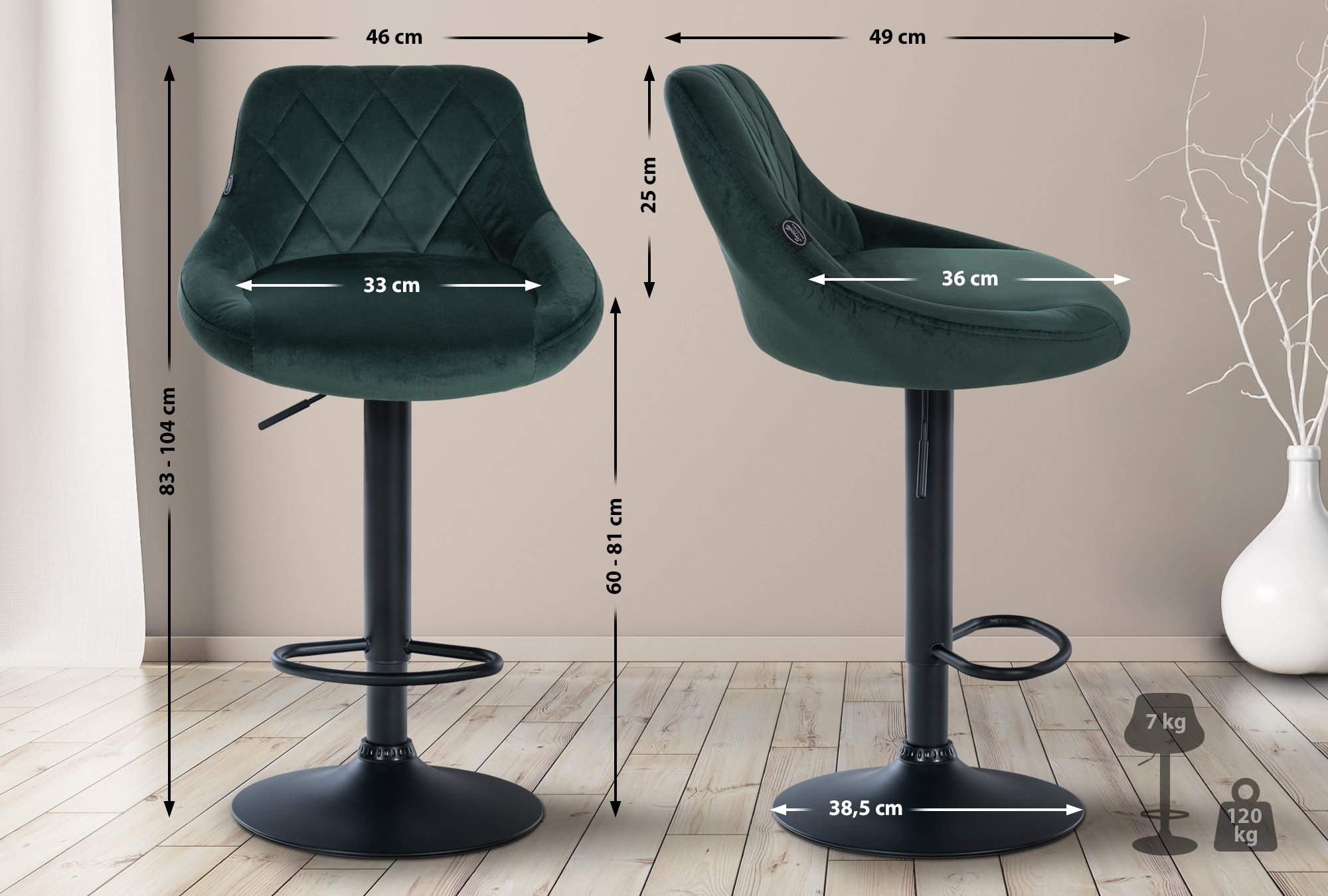Lot de 2 tabourets de bar Lazio velours