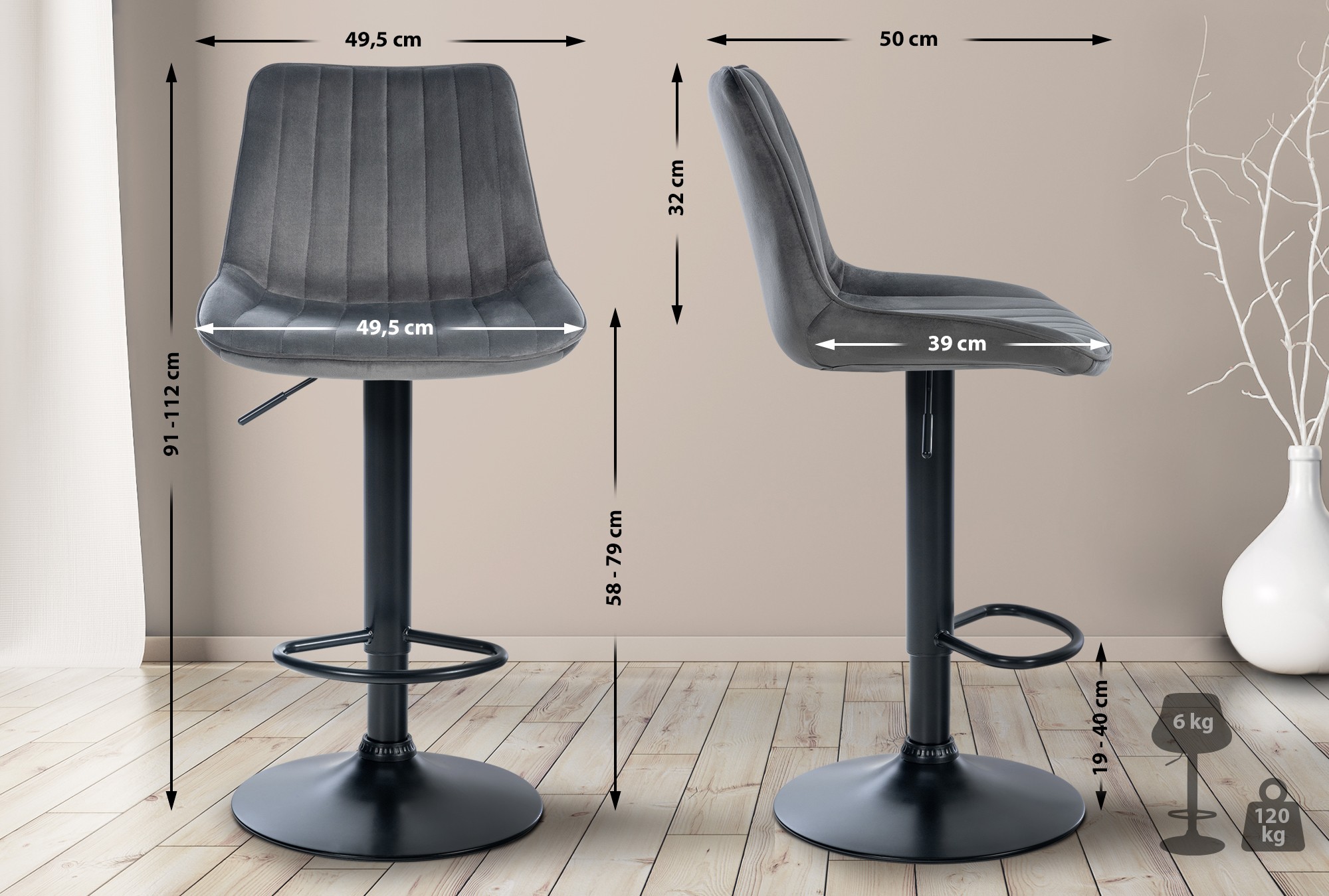 Tabouret de bar Toni en Velours Pied trompette en Métal
