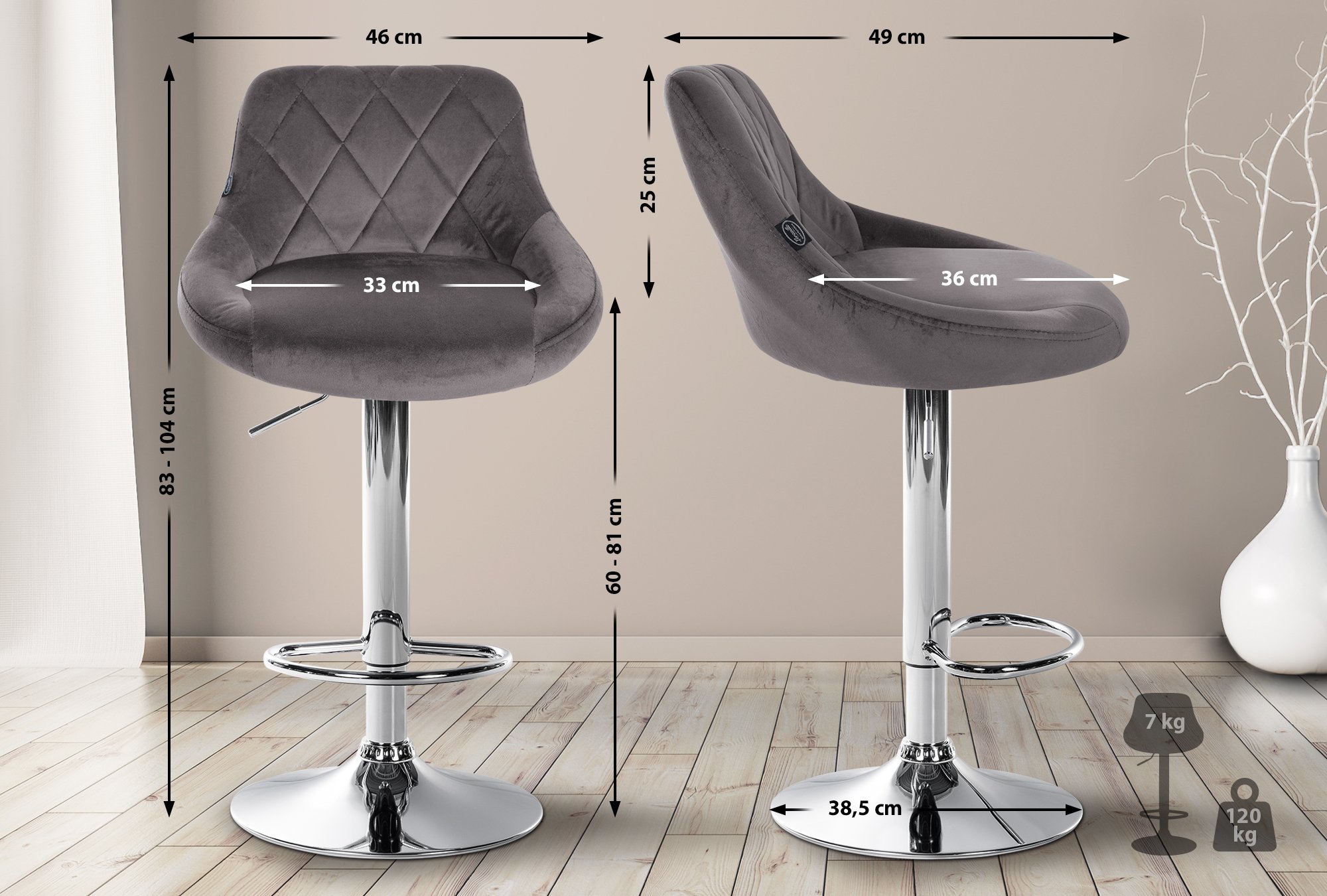Lot de 2 tabourets de bar Lazio velours