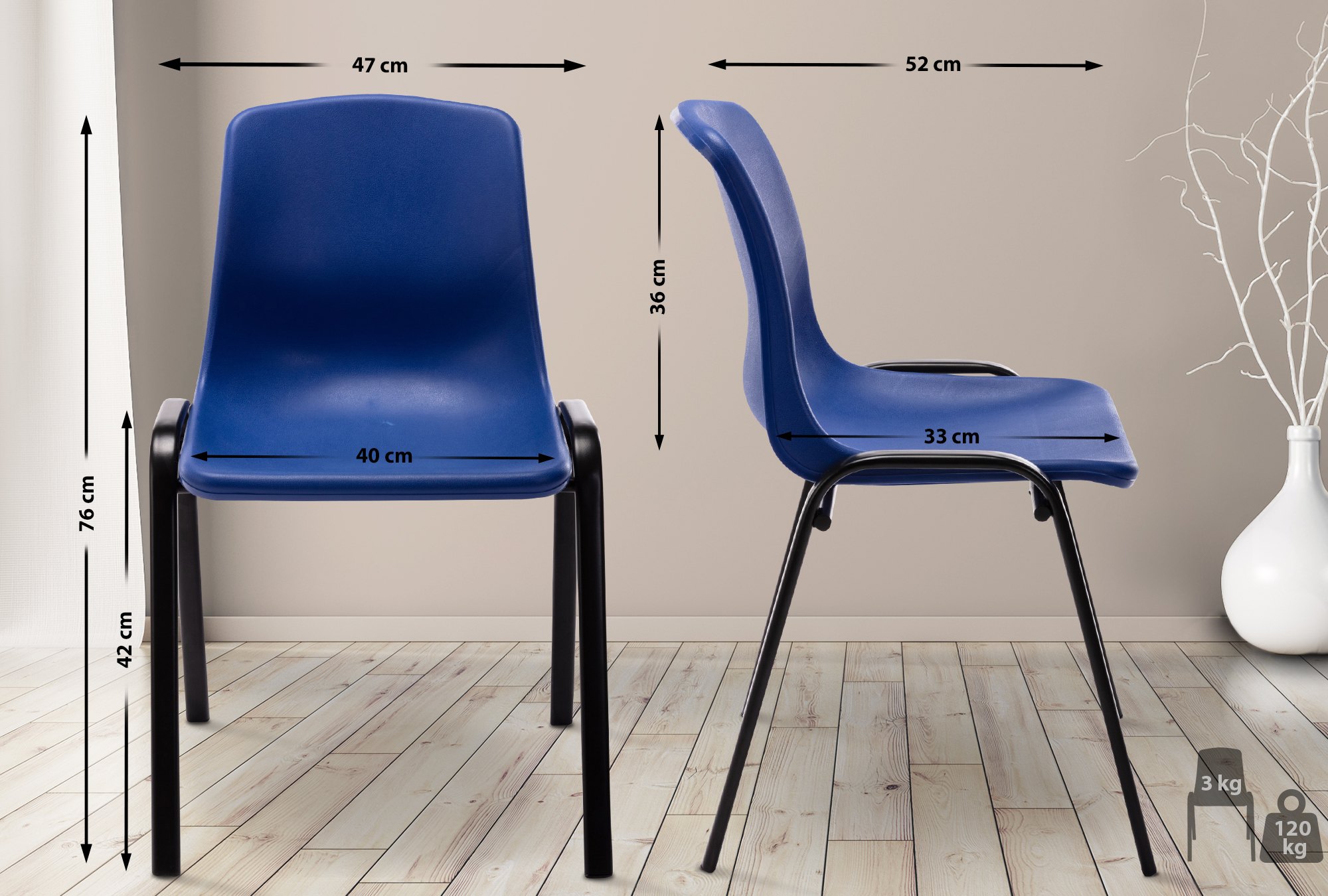Chaise empilable Nowra avec assise en plastique et piètement en métal noir mat