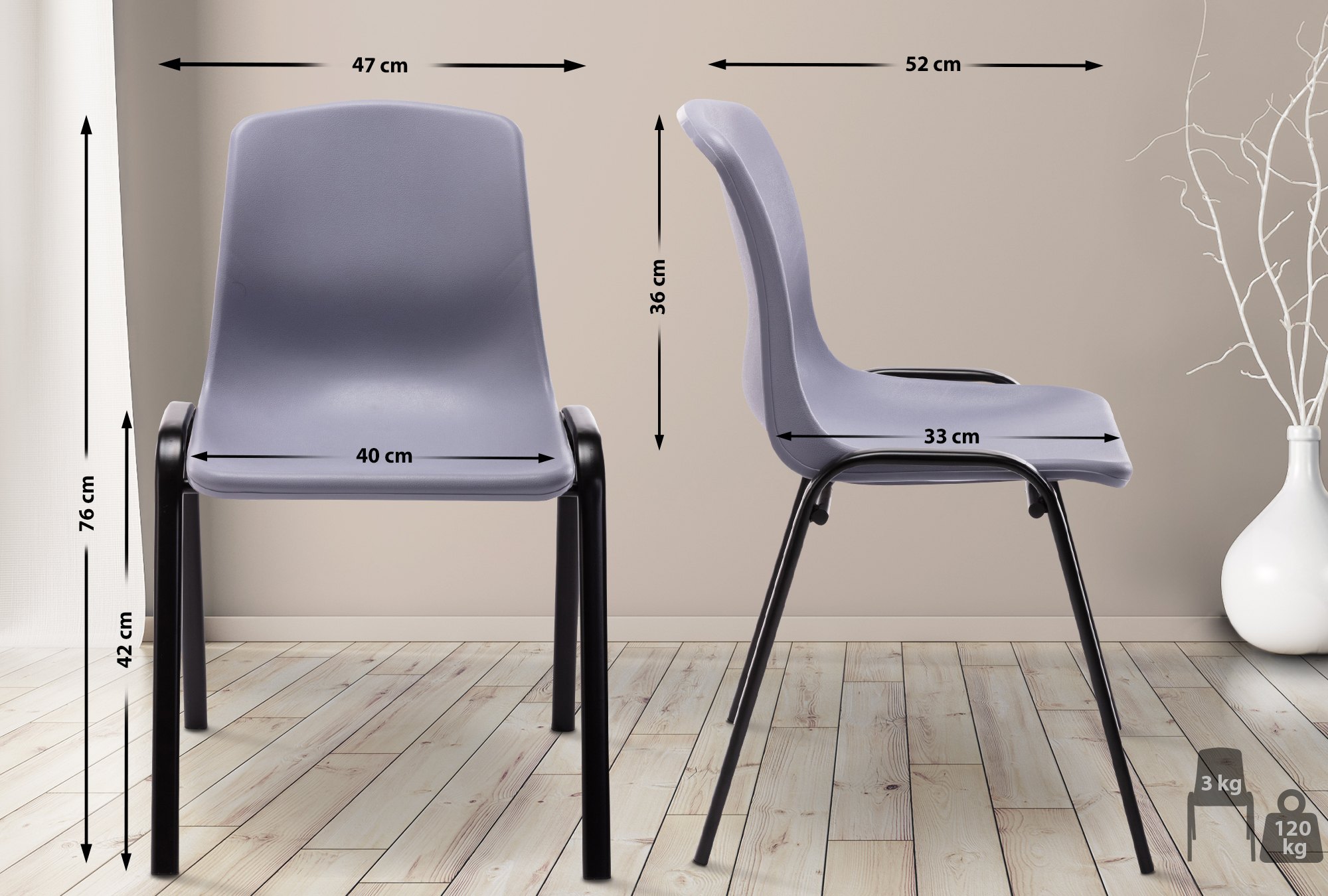 Chaise empilable Nowra avec assise en plastique et piètement en métal noir mat