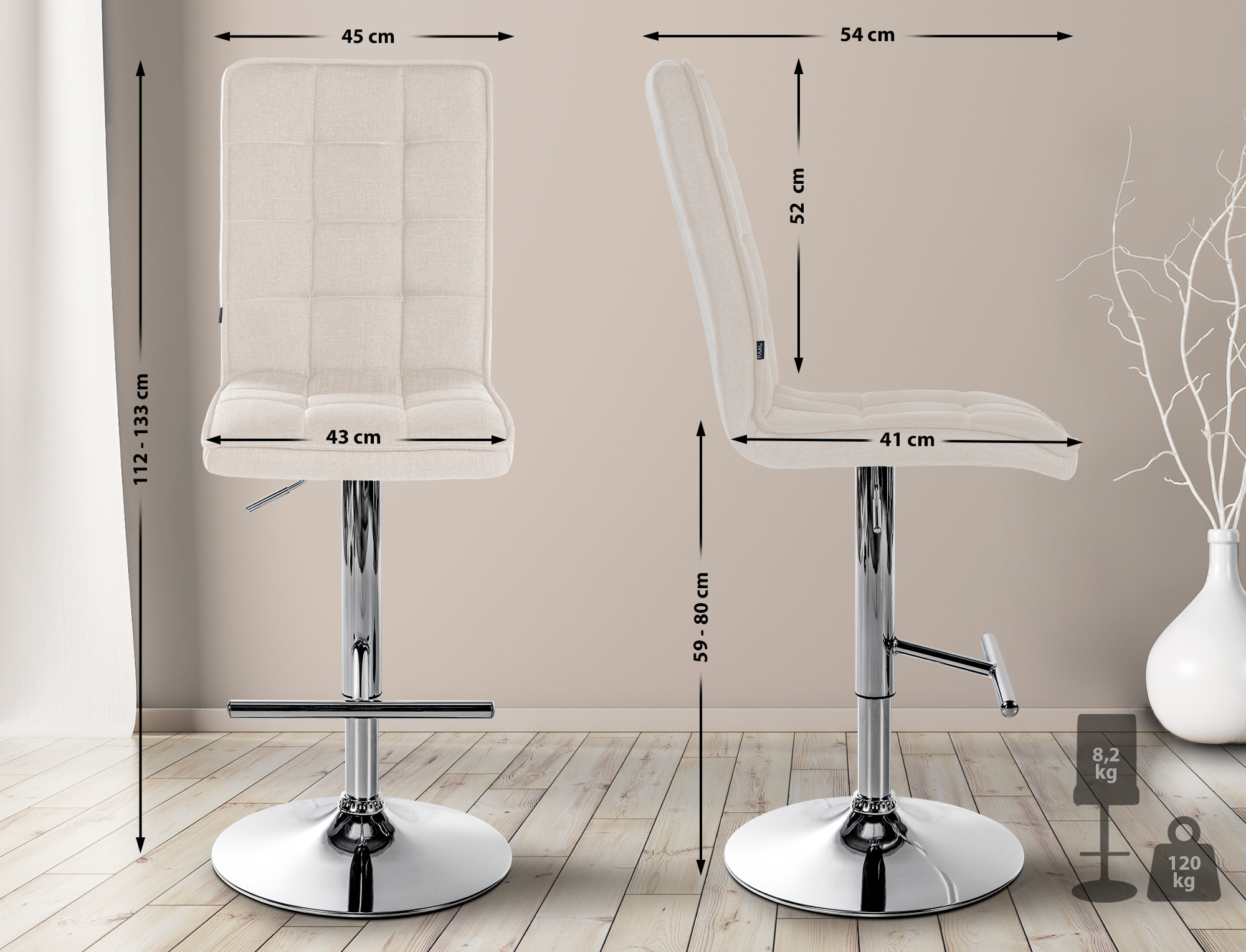 Tabouret de bar Peking en tissu réglable et pivotant