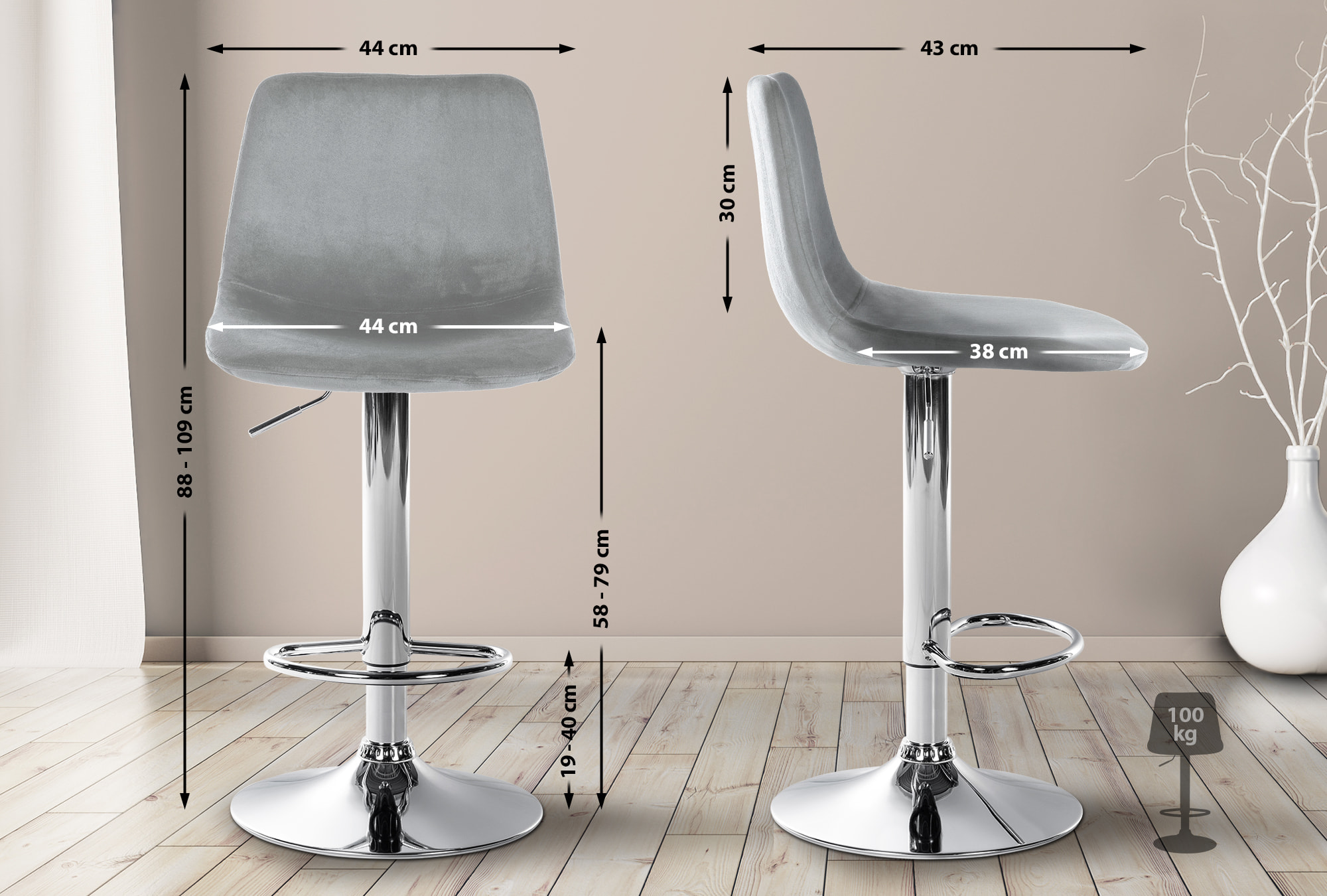 Tabouret de bar Divo en Velours Pied trompette en Métal