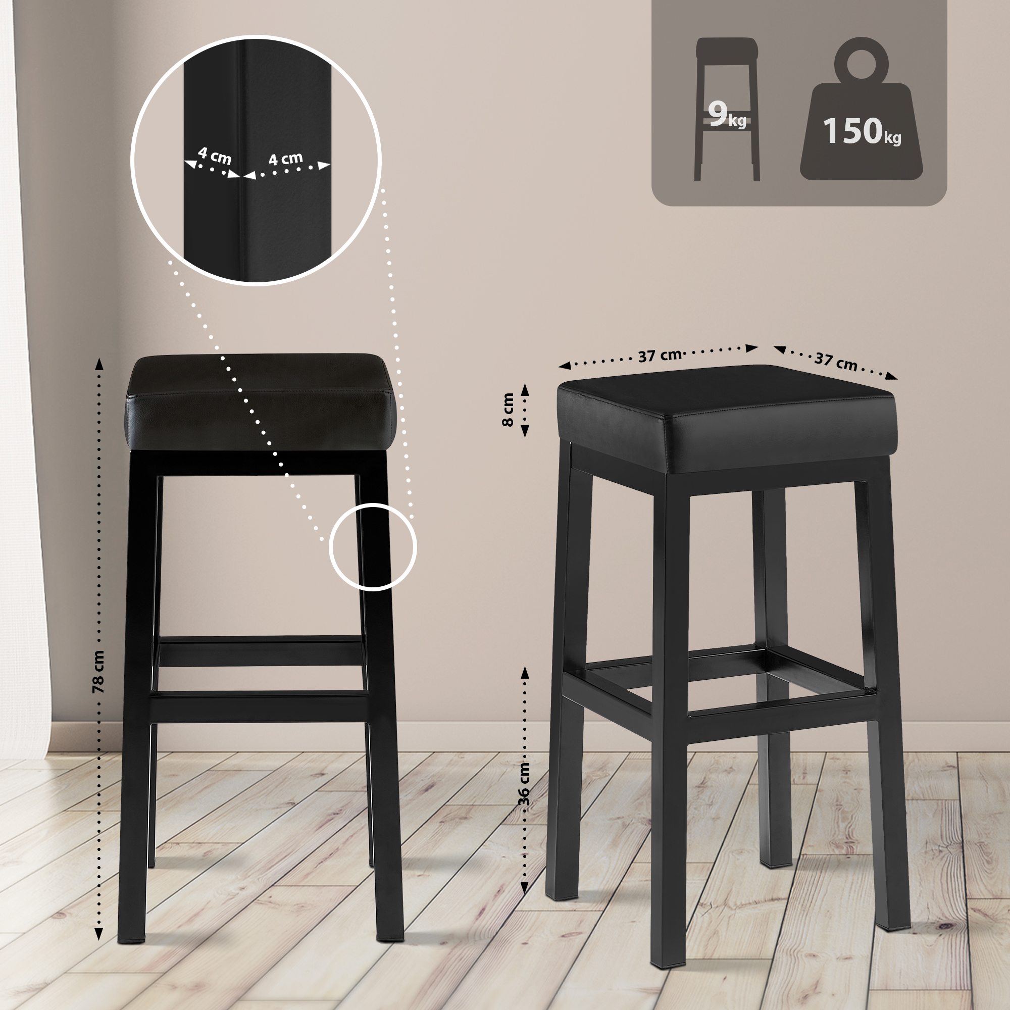 Tabouret de bar Taylor revêtement similicuir hauteur d'assise 78 cm piètement métal noir
