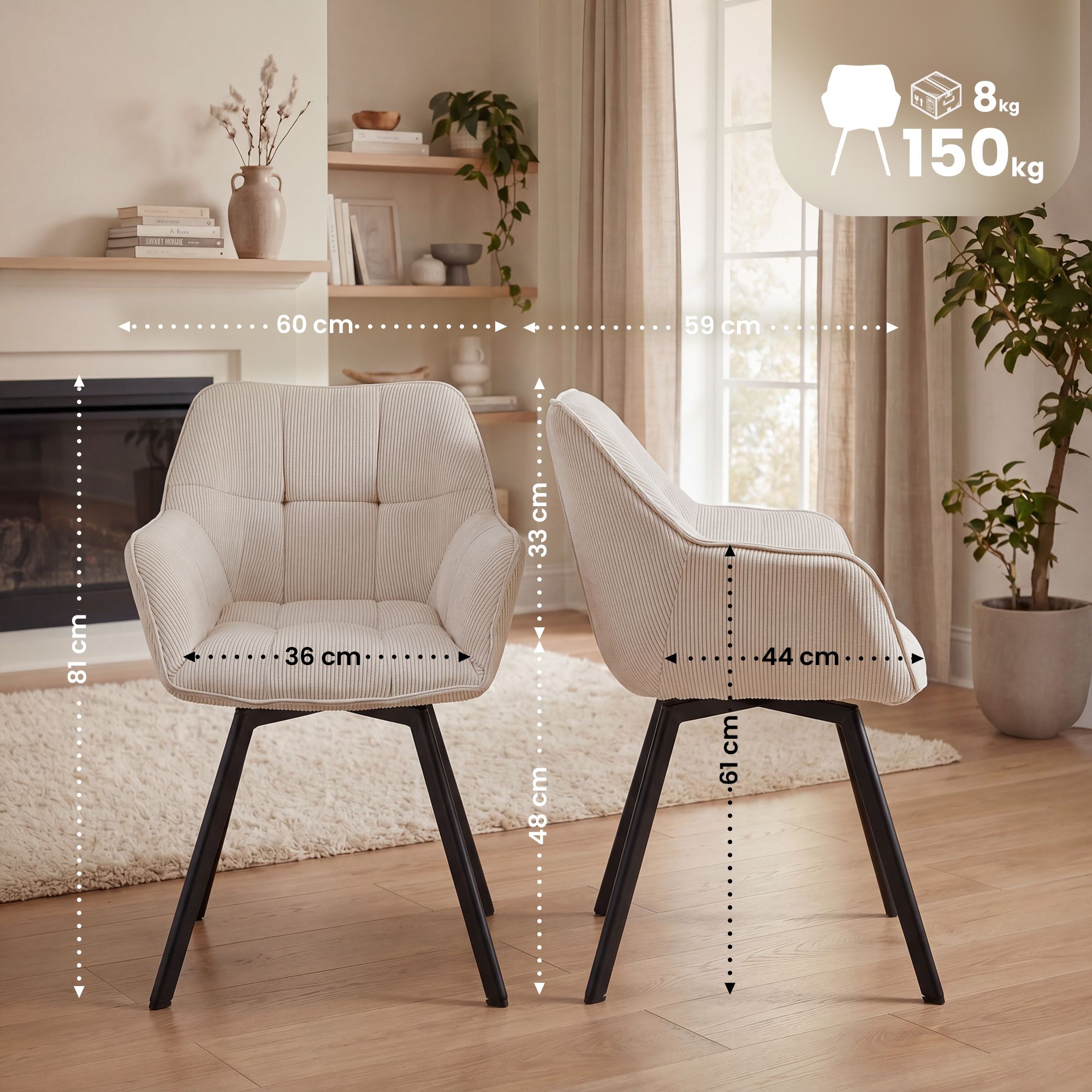 Lot de 2 chaises de salle à manger Jordi Cord