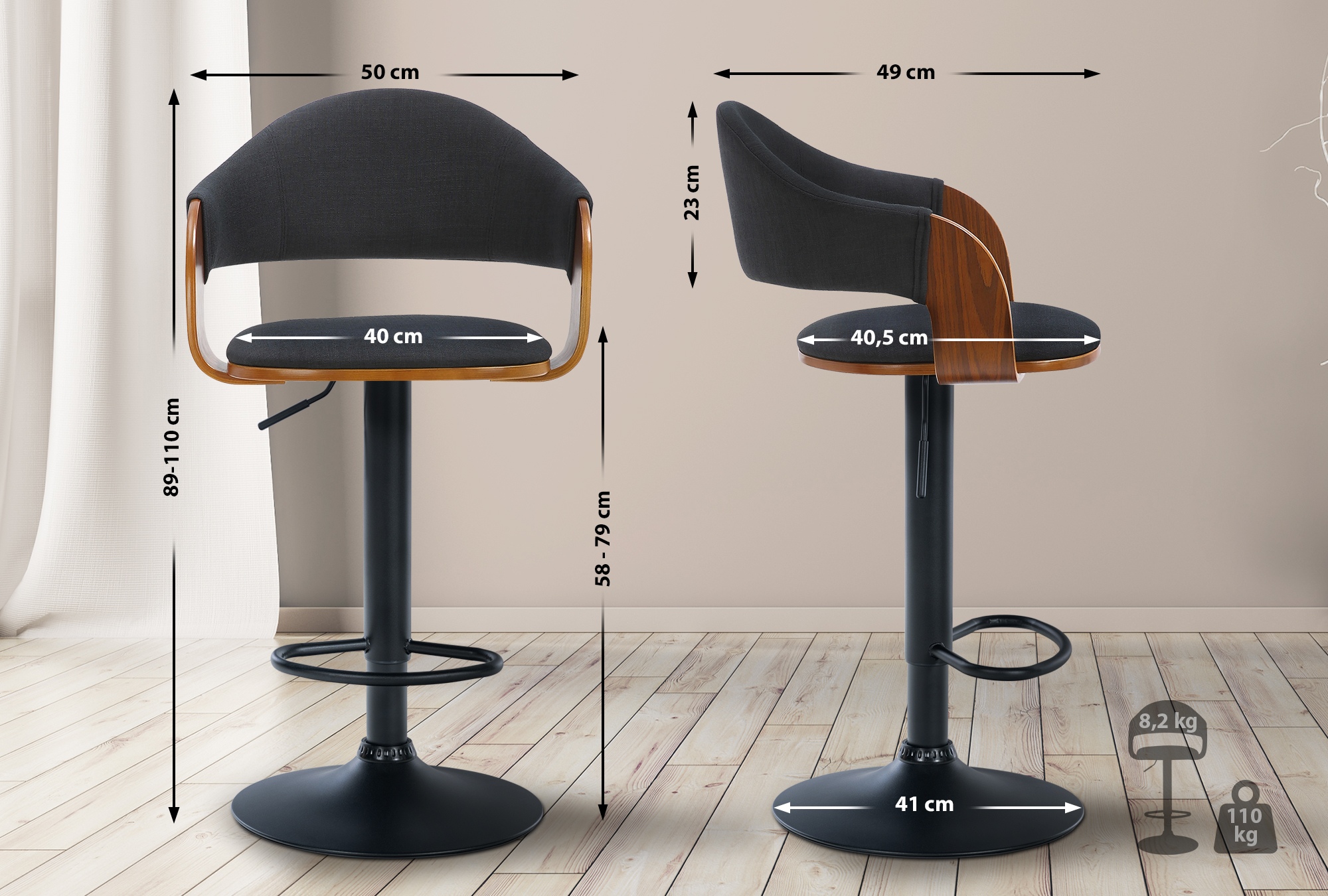 Tabouret de bar Nilse avec Coque en bois assise en tissu