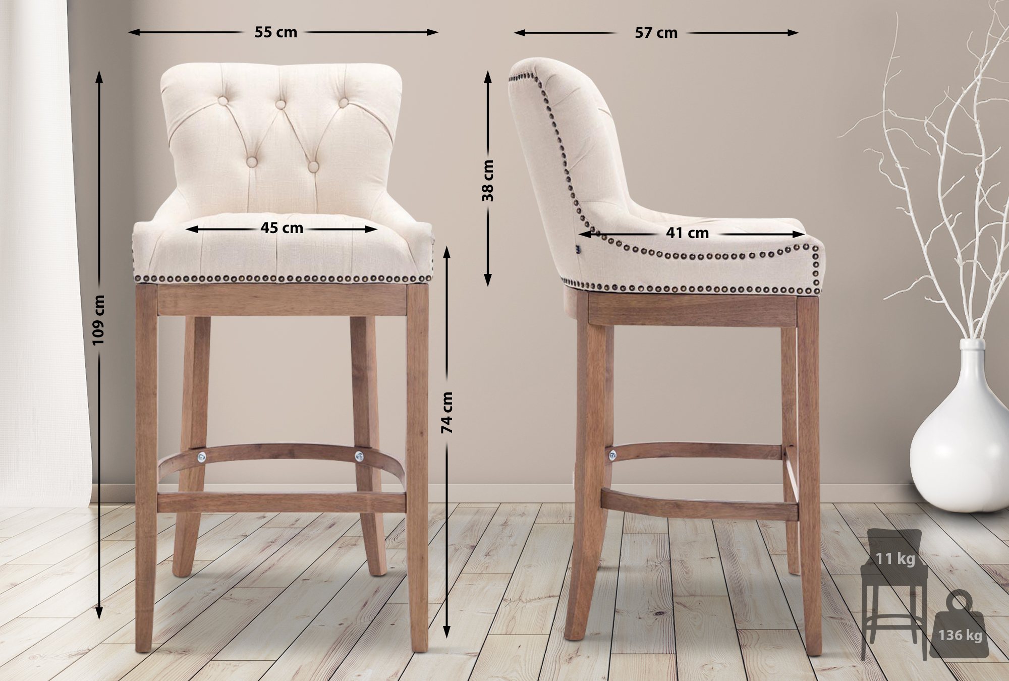 Tabouret de bar Lakewood tissu Piètement antique clair