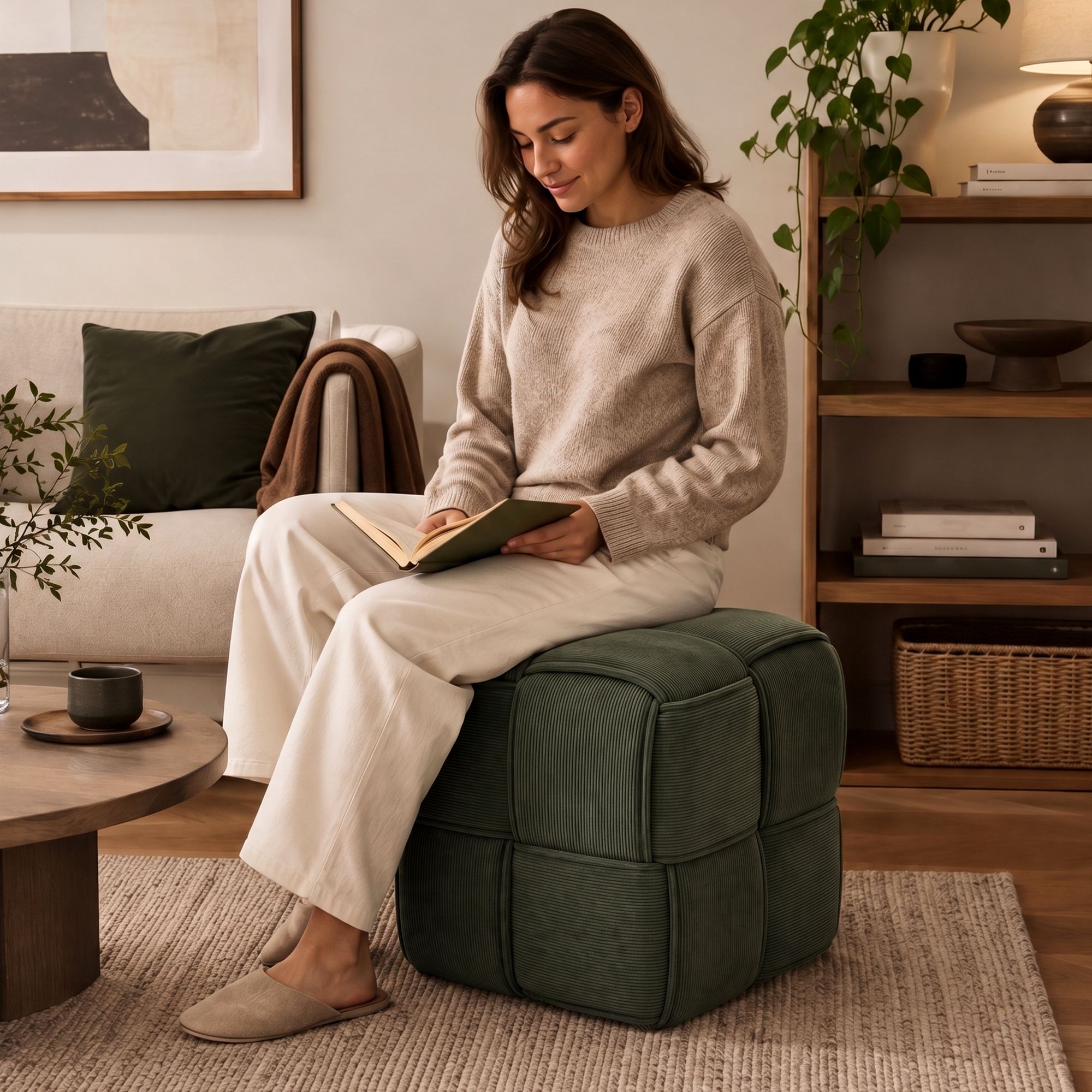 Pouf Forinta en velours côtelé