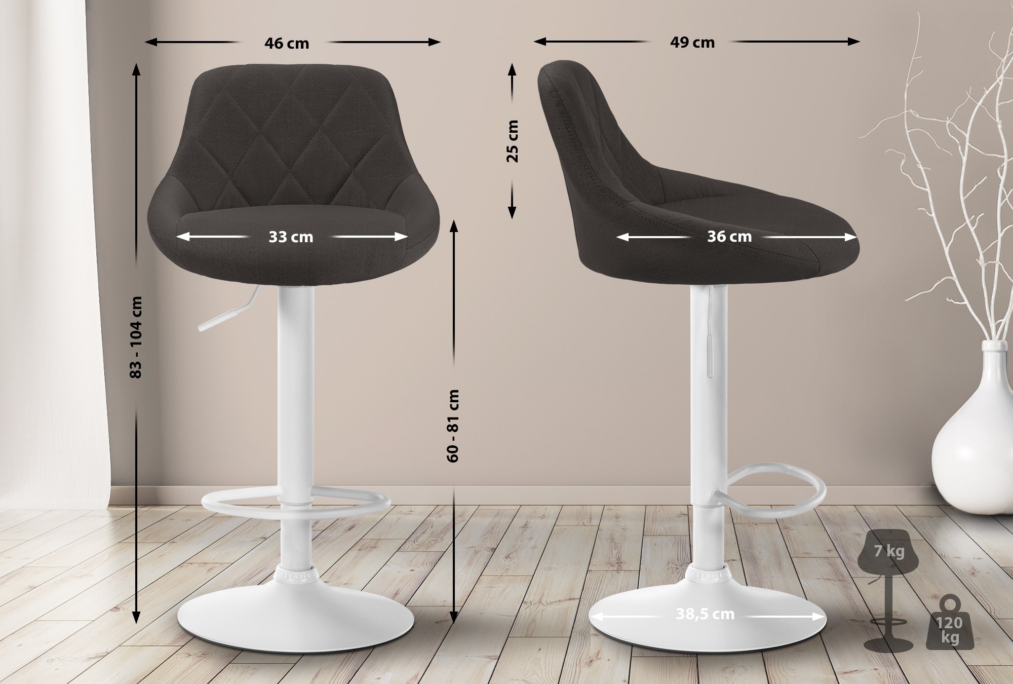 Tabouret de bar Lazio en Tissu Hauteur réglable siège pivotant