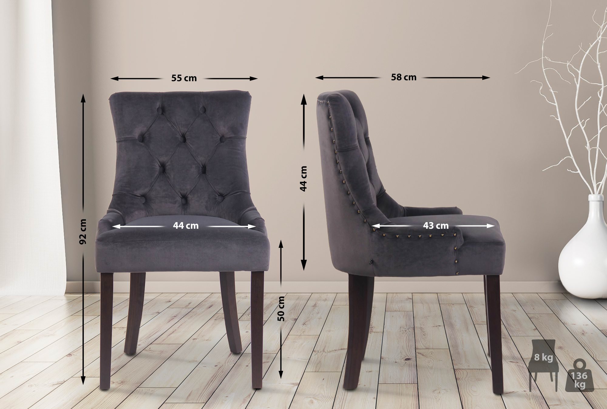 Chaise de salle à manger Aberdeen en Velours avec Piètement en bois d'hévéa
