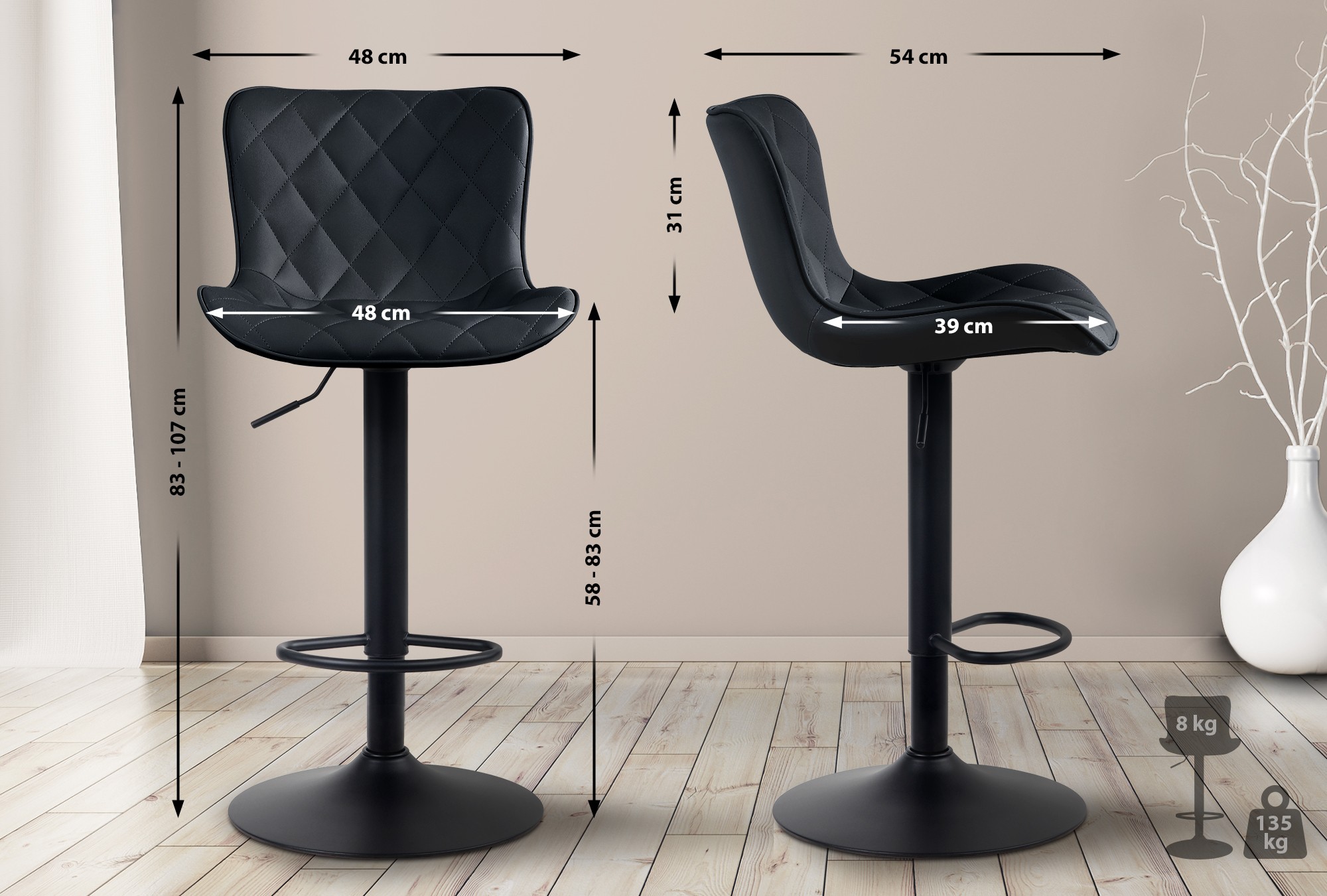 Tabouret de bar Emma Pied en Métal Hauteur réglable Siège pivotant