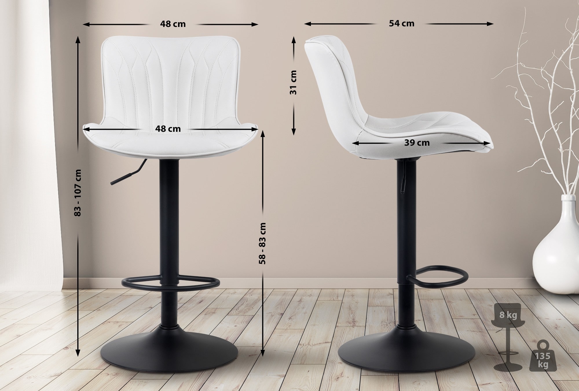 Tabouret de bar Linus Pied en Métal Hauteur réglable Siège pivotant