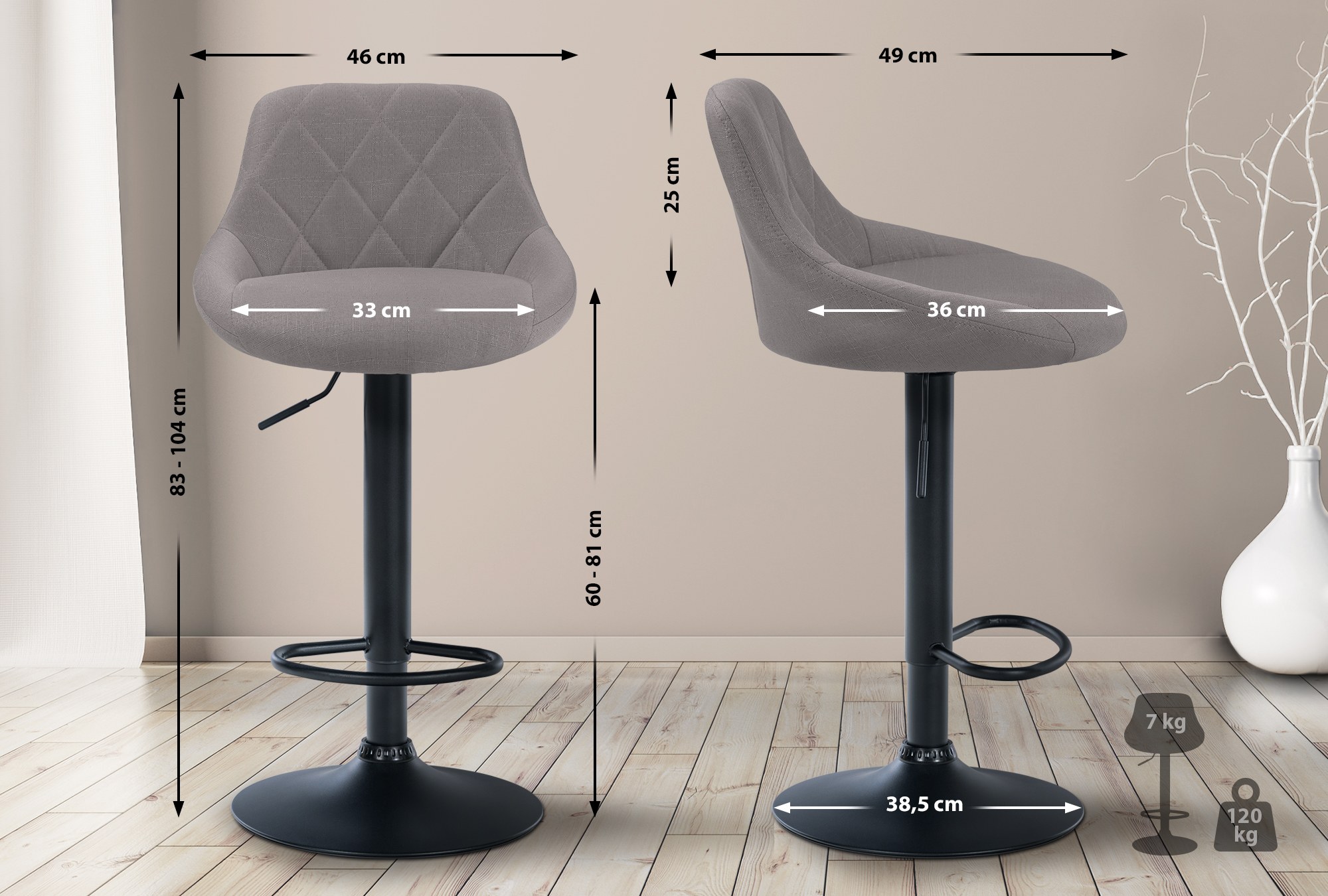 Tabouret de bar Lazio en Tissu Hauteur réglable siège pivotant