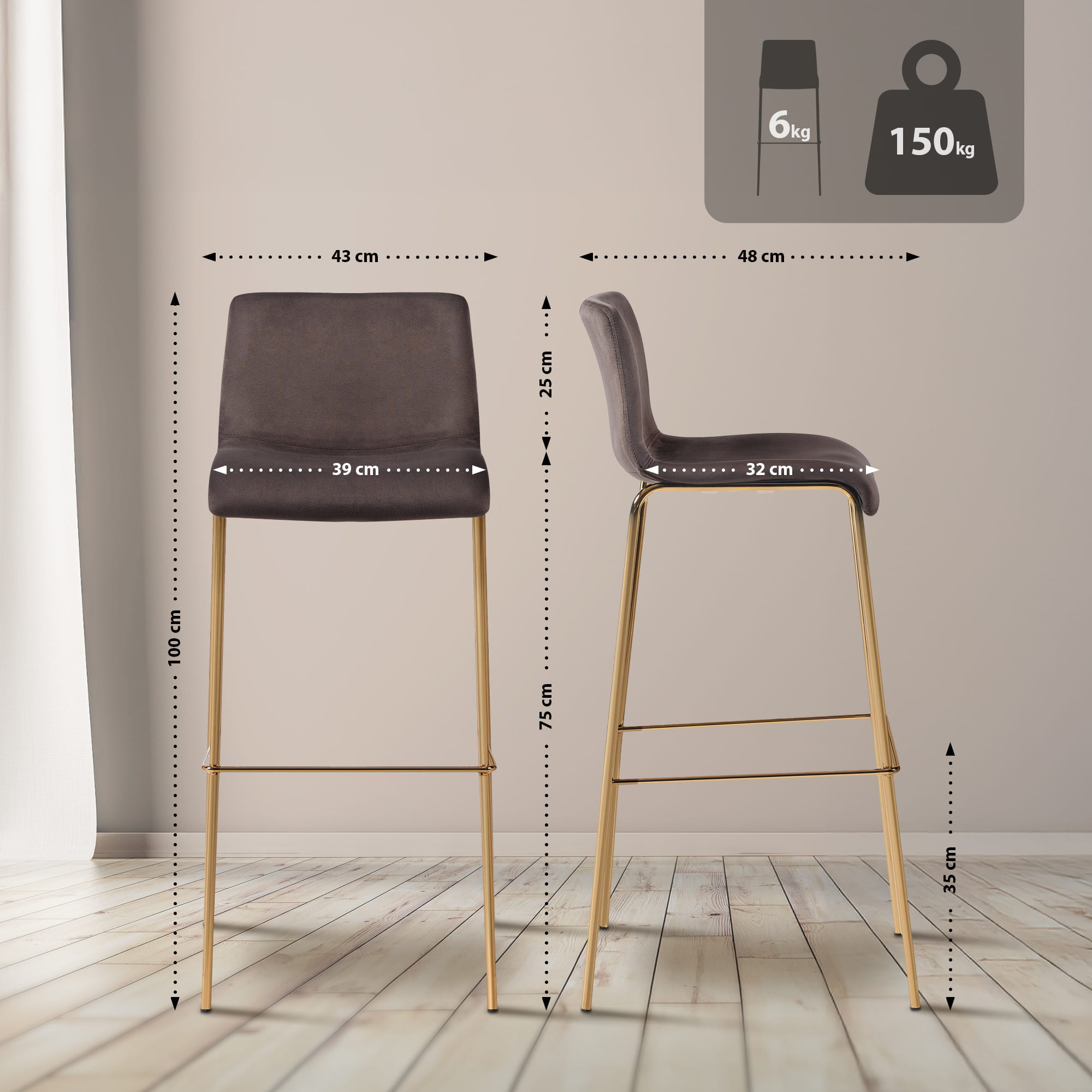 Tabouret de bar Hoover velours piètement 4 pieds or